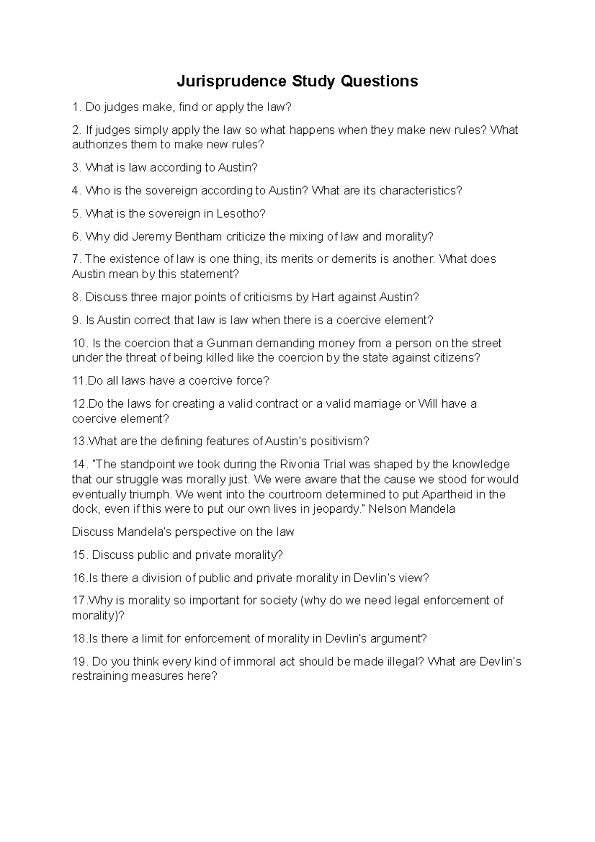 Jurisprudence Study Questions - What does Austin mean by this statement ...