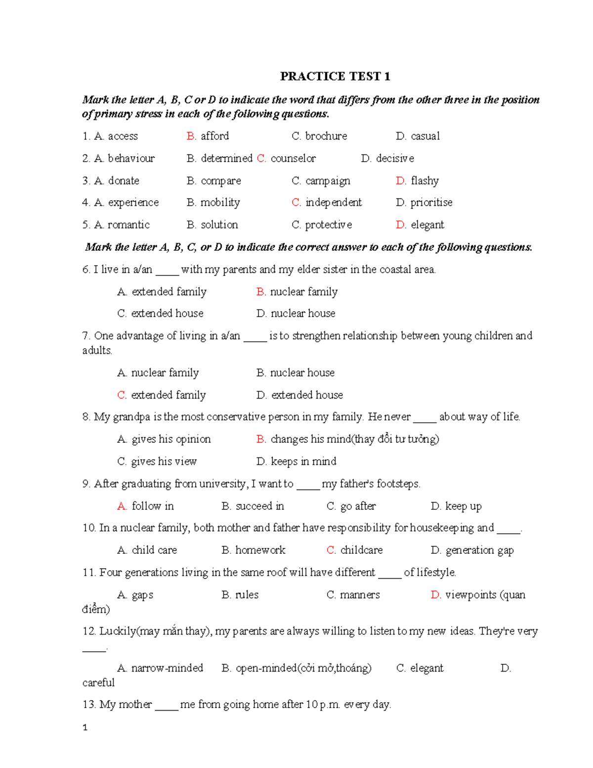 Tiếng Anh ôn Hk1 - PRACTICE TEST 1 Mark The Letter A, B, C Or D To ...