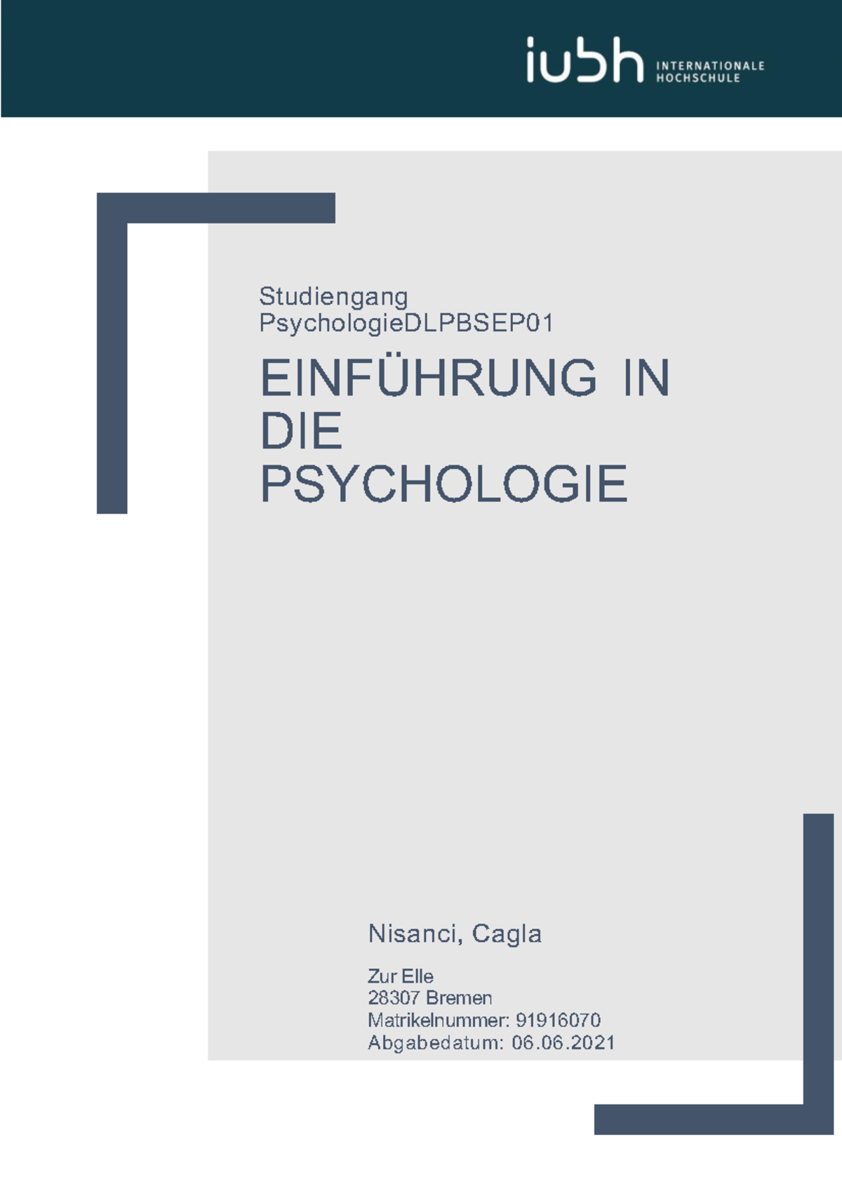 Einführung In Die Psychologie Einführung in die Psychologie - Studiengang PsychologieDLPBSEP