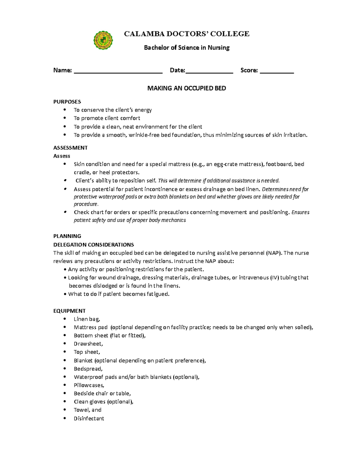 Making AN Occupied BED CALAMBA DOCTORS’ COLLEGE Bachelor of Science