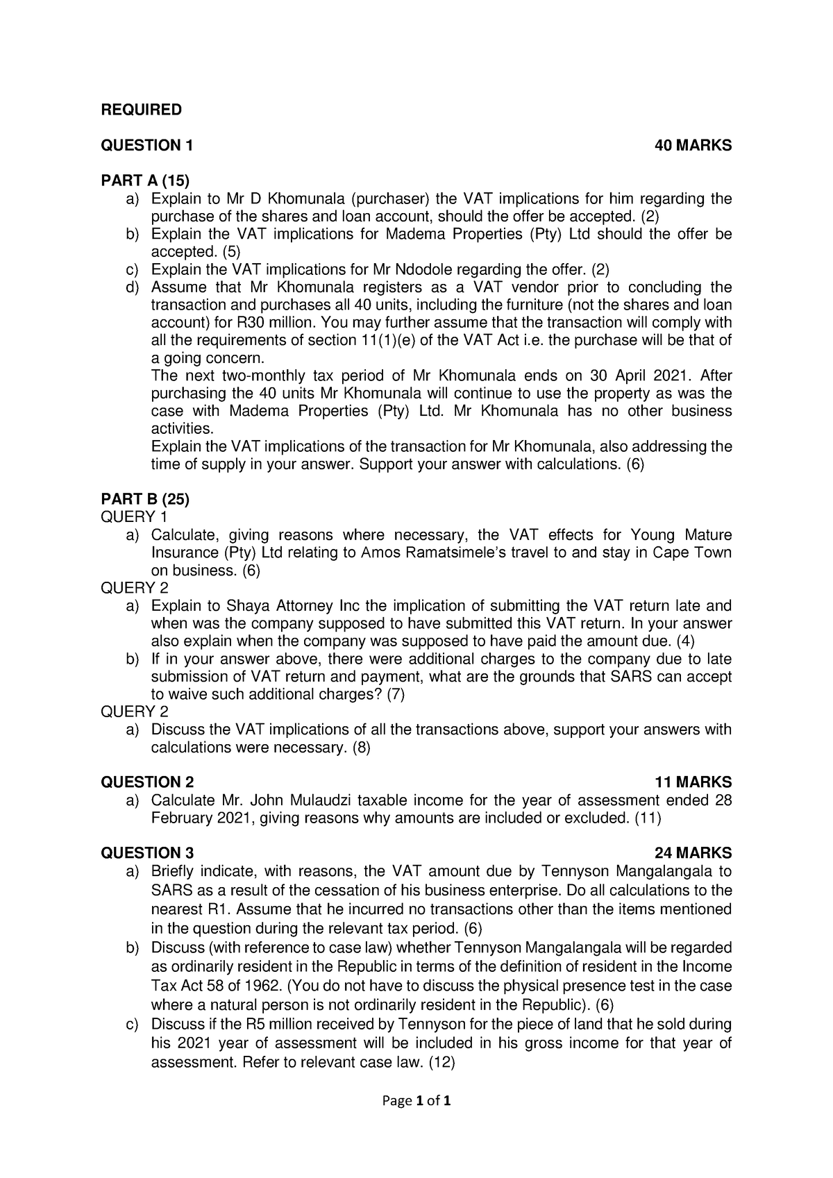 2021 Assessment 1 Required - Page 1 of 1 REQUIRED QUESTION 1 40 MARKS ...