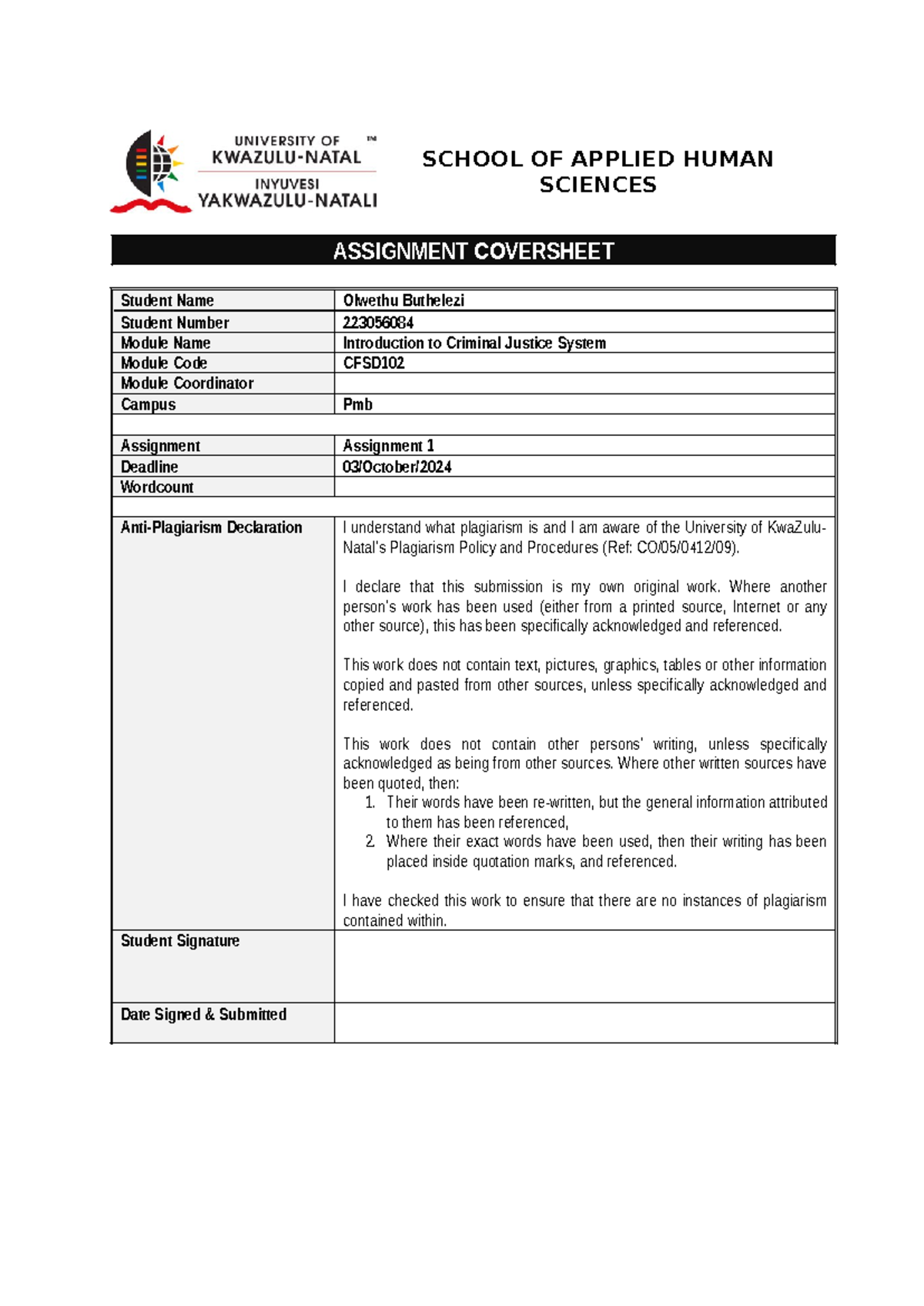Crim 102 assignment - SCHOOL OF APPLIED HUMAN SCIENCES ASSIGNMENT ...