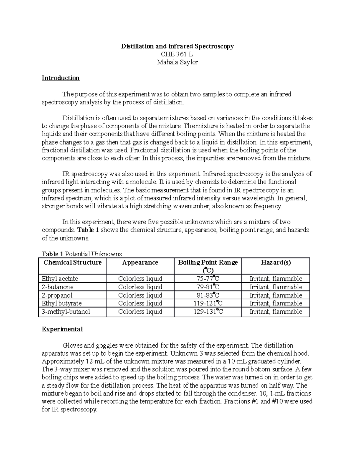 Distillation Lab Report Distillation and infrared Spectroscopy CHE