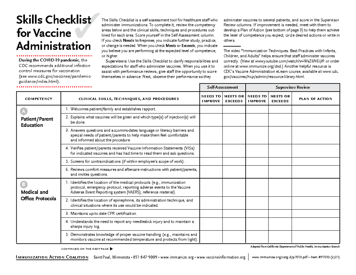 Injections for vaccines - competency clinical skills, techniques, and ...