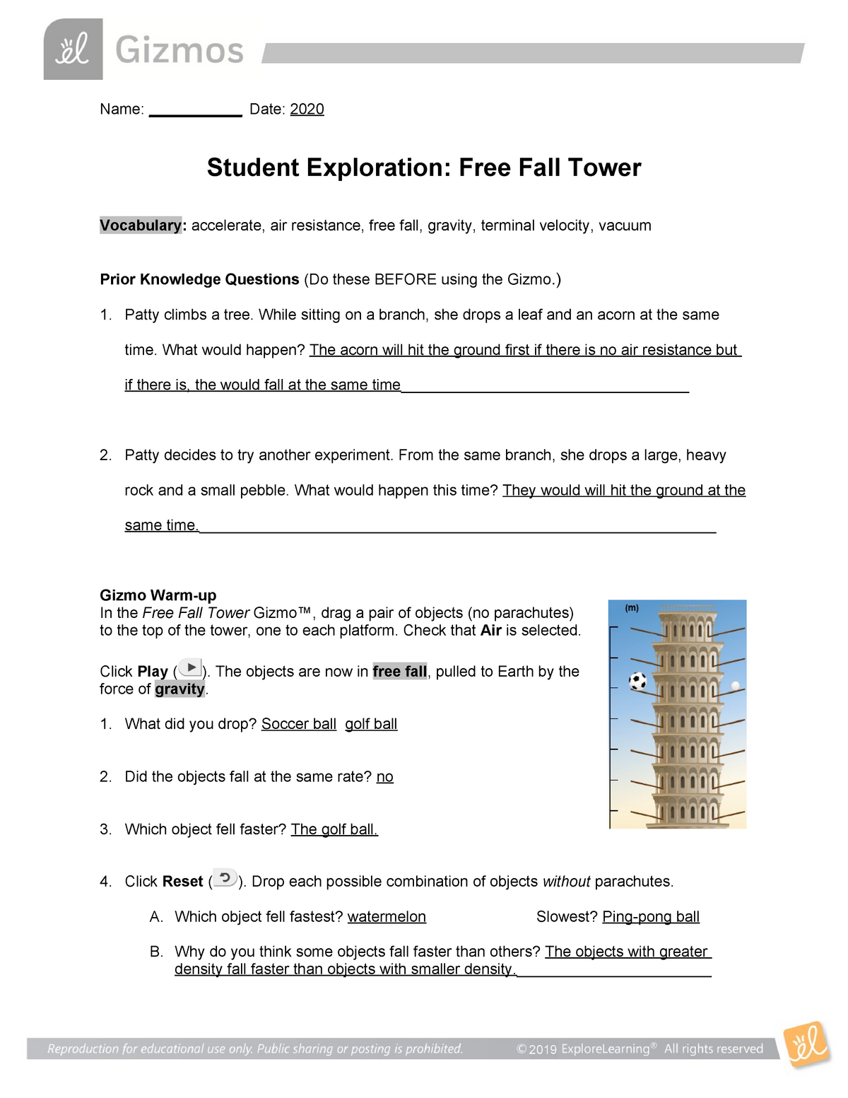 20 Free Fall Tower SE 20 answer key - BIOC202 - Biochemistry Pertaining To Free Fall Worksheet Answers