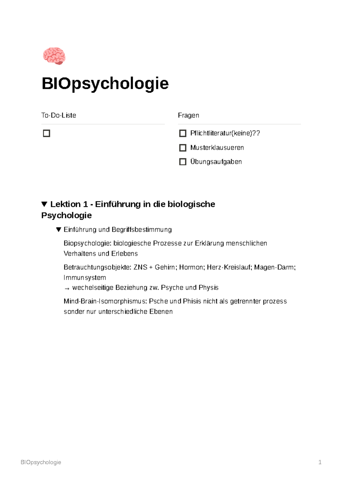 BIO PSy Zusammenfassung - 🧠 BIOpsychologie To-Do-Liste Fragen ...