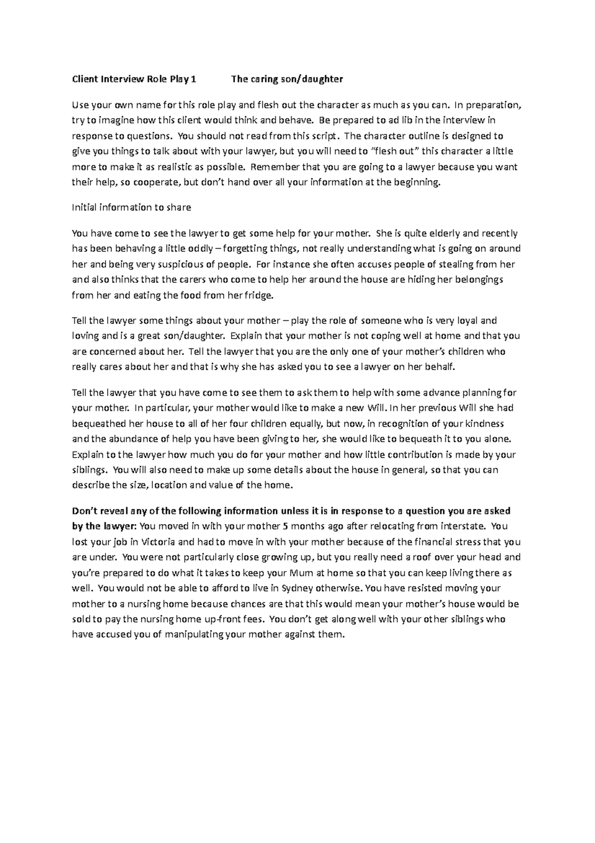 Client Interview Role Play 1 - In preparation, try to imagine how this ...