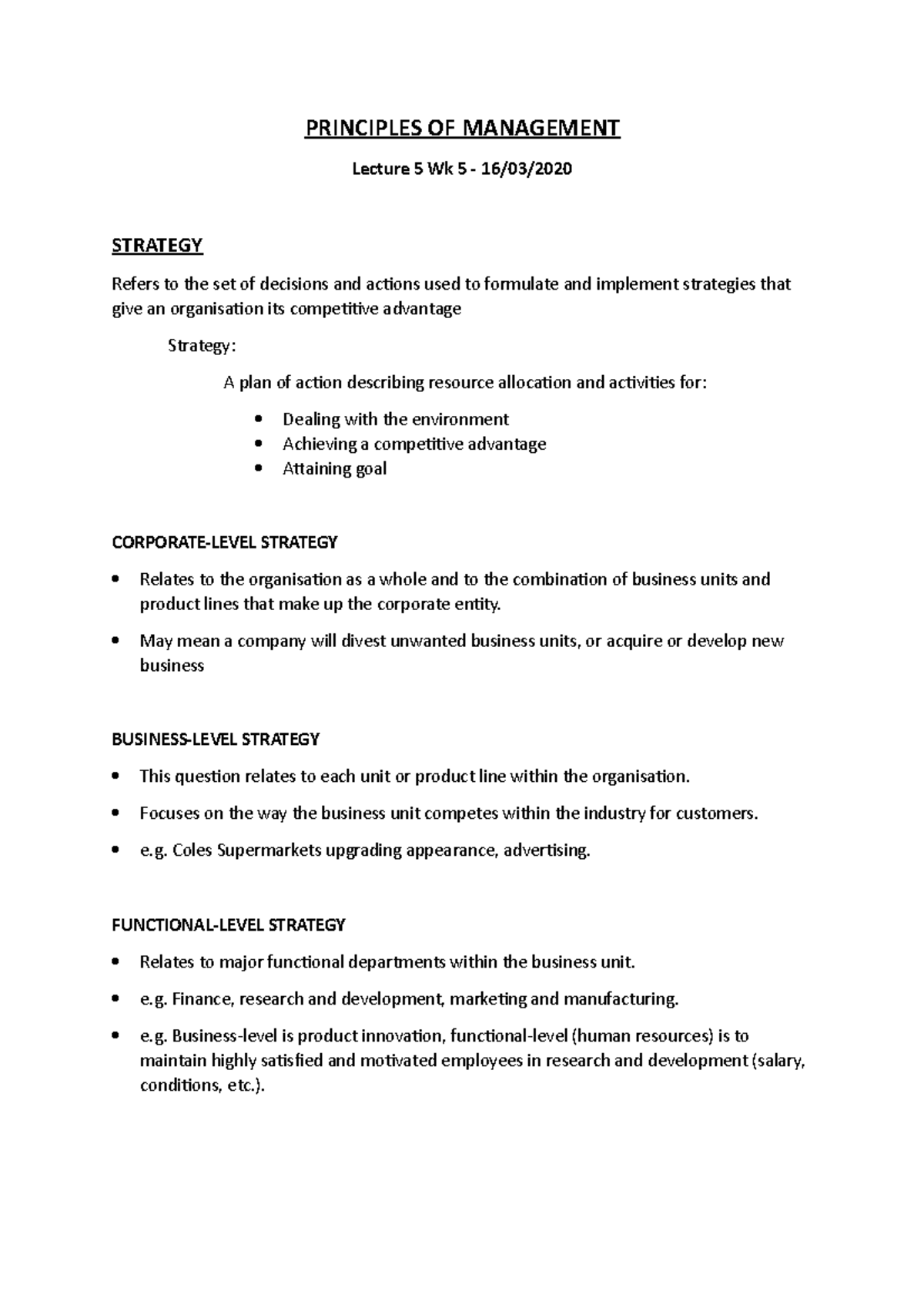 POM Notes - Lecture 5 - PRINCIPLES OF MANAGEMENT Lecture 5 Wk 5 - 16/03 ...