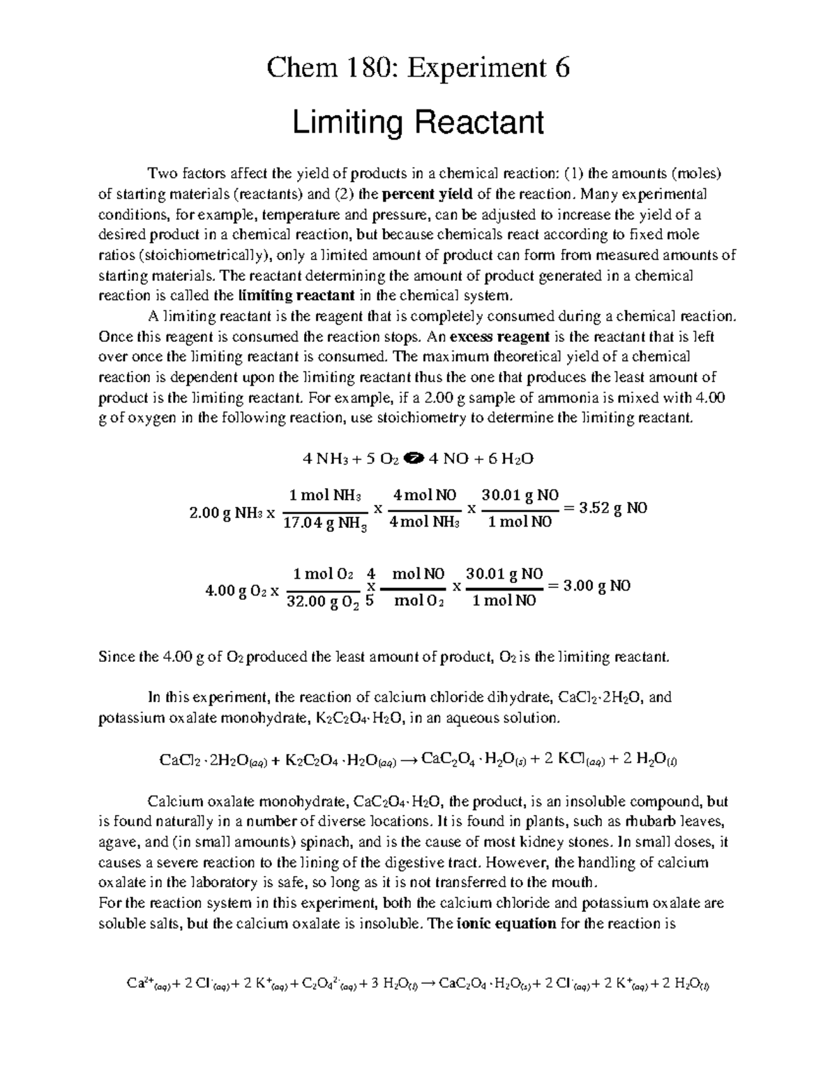 Experiment 6 Limiting Reactant Fall 21 Chem 180 Experiment 6 Limiting Reactant Two factors