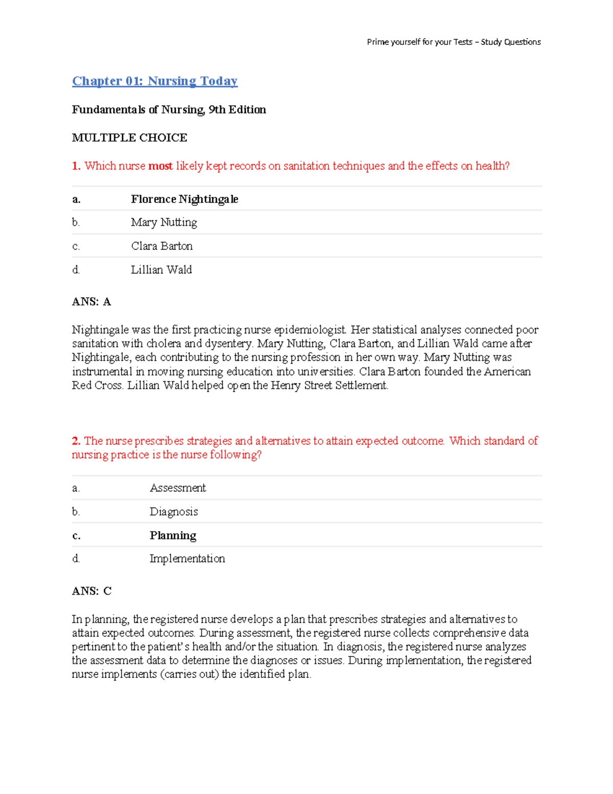 Chapter 01 - Study Notes - Chapter 01: Nursing Today Fundamentals of ...