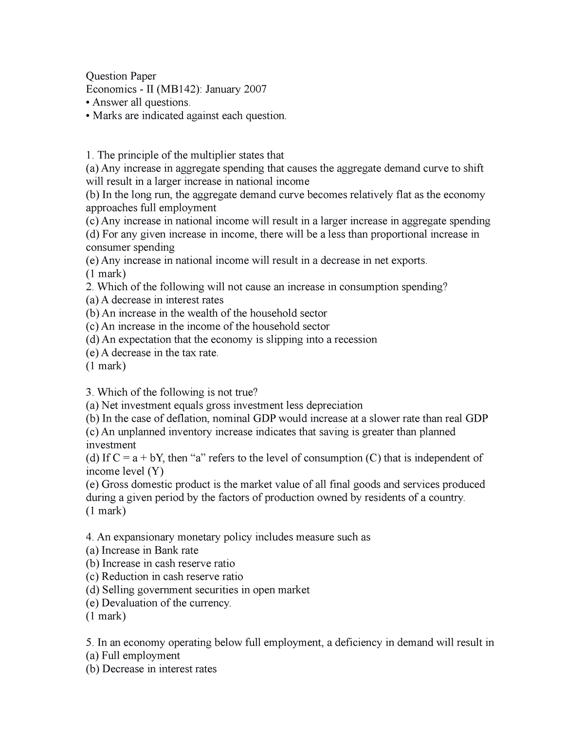 Economics - PRACTICE QUESTIONS - Question Paper Economics - II (MB142 ...