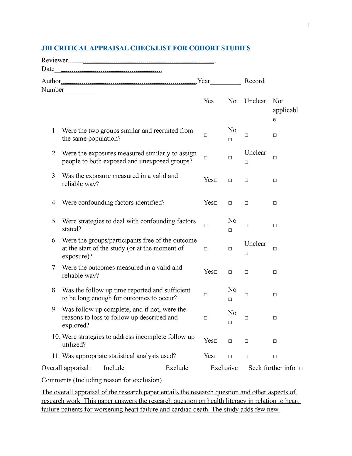 QA-211017135256 Part Two - 1 JBI CRITICAL APPRAISAL CHECKLIST FOR ...