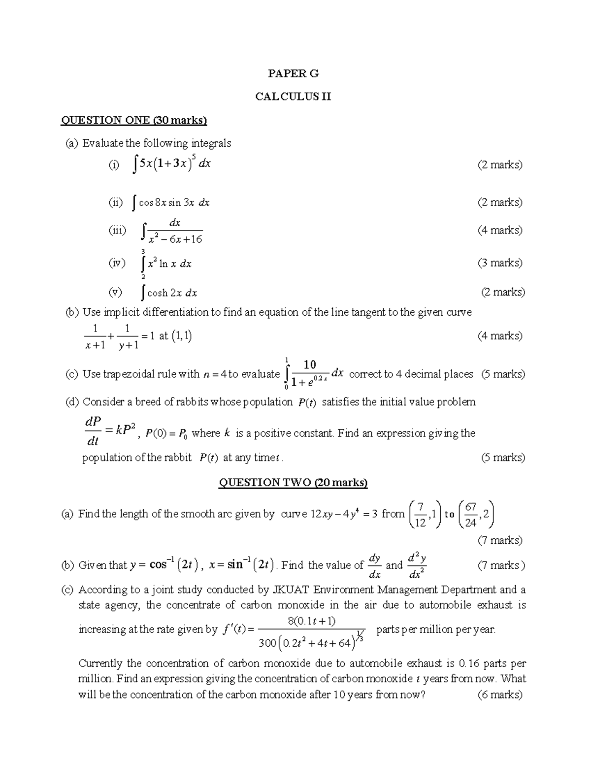 Paper G - Revision purpose - PAPER G CALCULUS II QUESTION ONE (30 marks ...