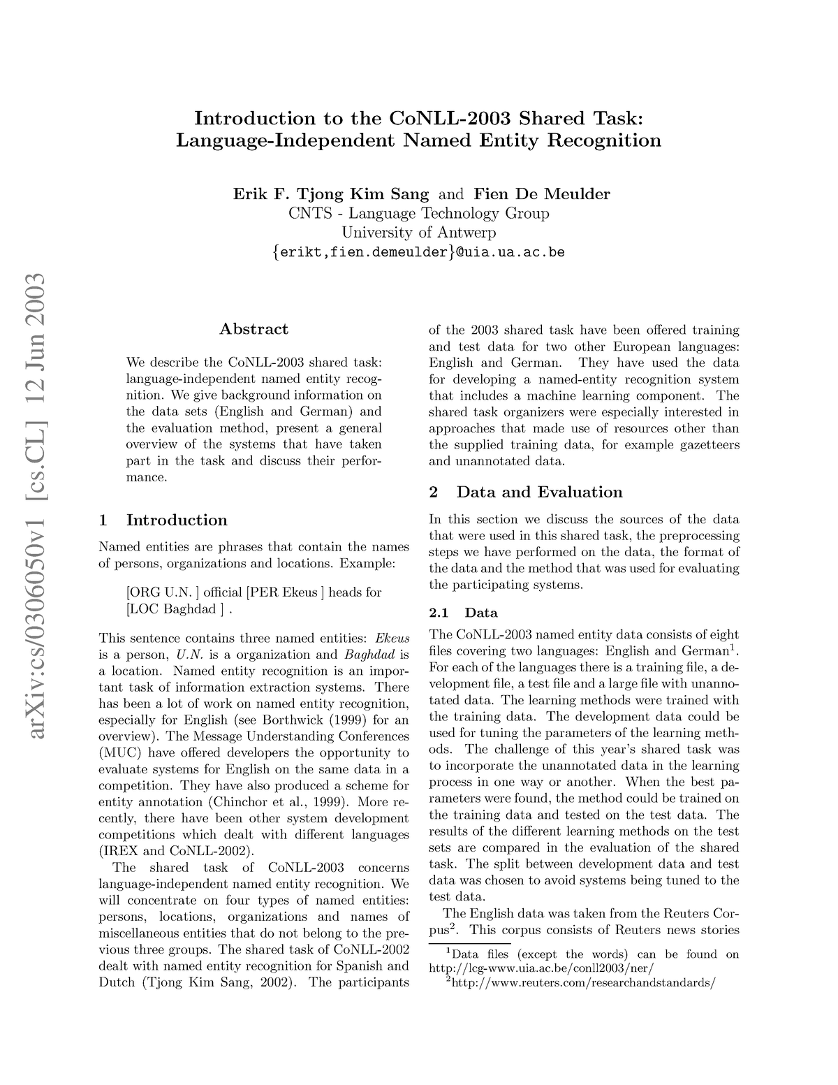 0306050 - ArXiv:cs/0306050v1 [cs] 12 Jun 2003 Introduction To The CoNLL ...