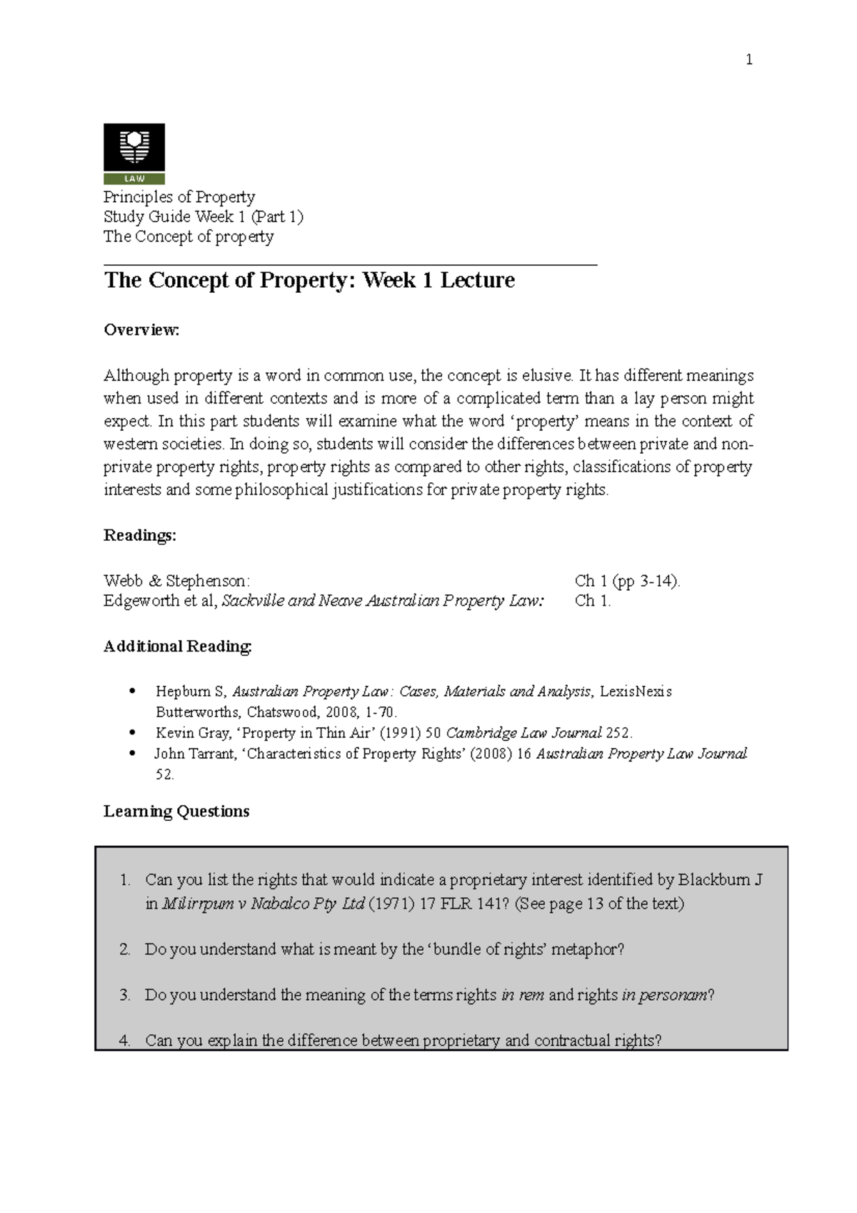 Week 1 Study Guide (Part 1) Concepts of Property Principles of Property Study Guide Week 1