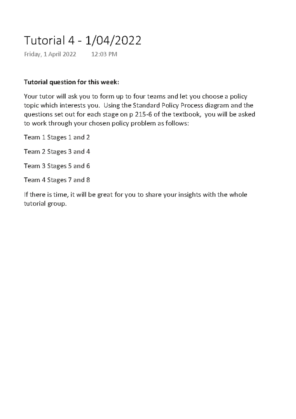 SPOL113 Tutorial 4 Notes - Tutorial question for this week: Your tutor ...