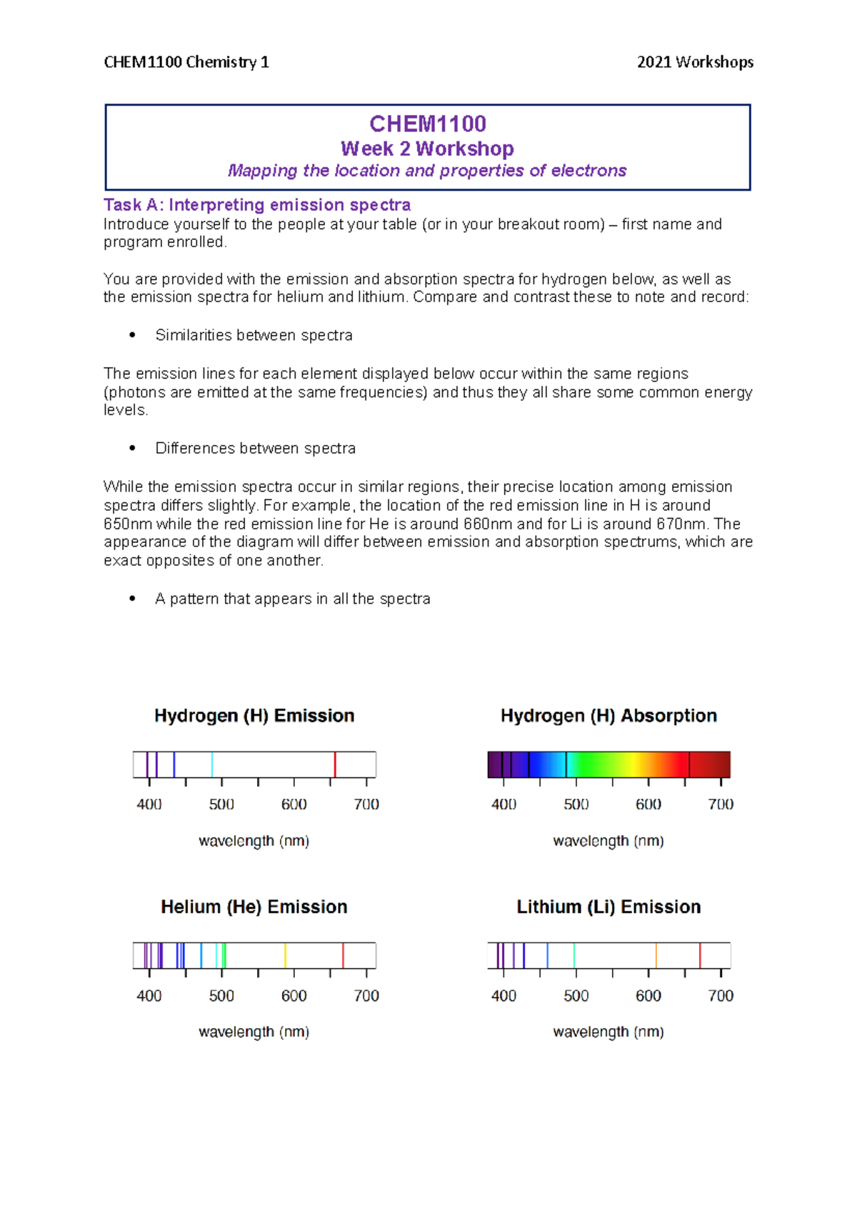 2 worksheet Task A Interpreting emission spectra Introduce