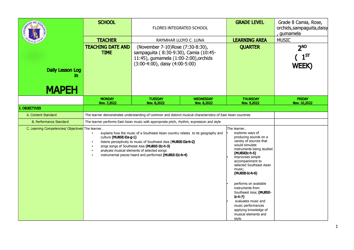 q2-grade-8-music-dll-week-1-daily-lesson-log-in-mapeh-school-flores