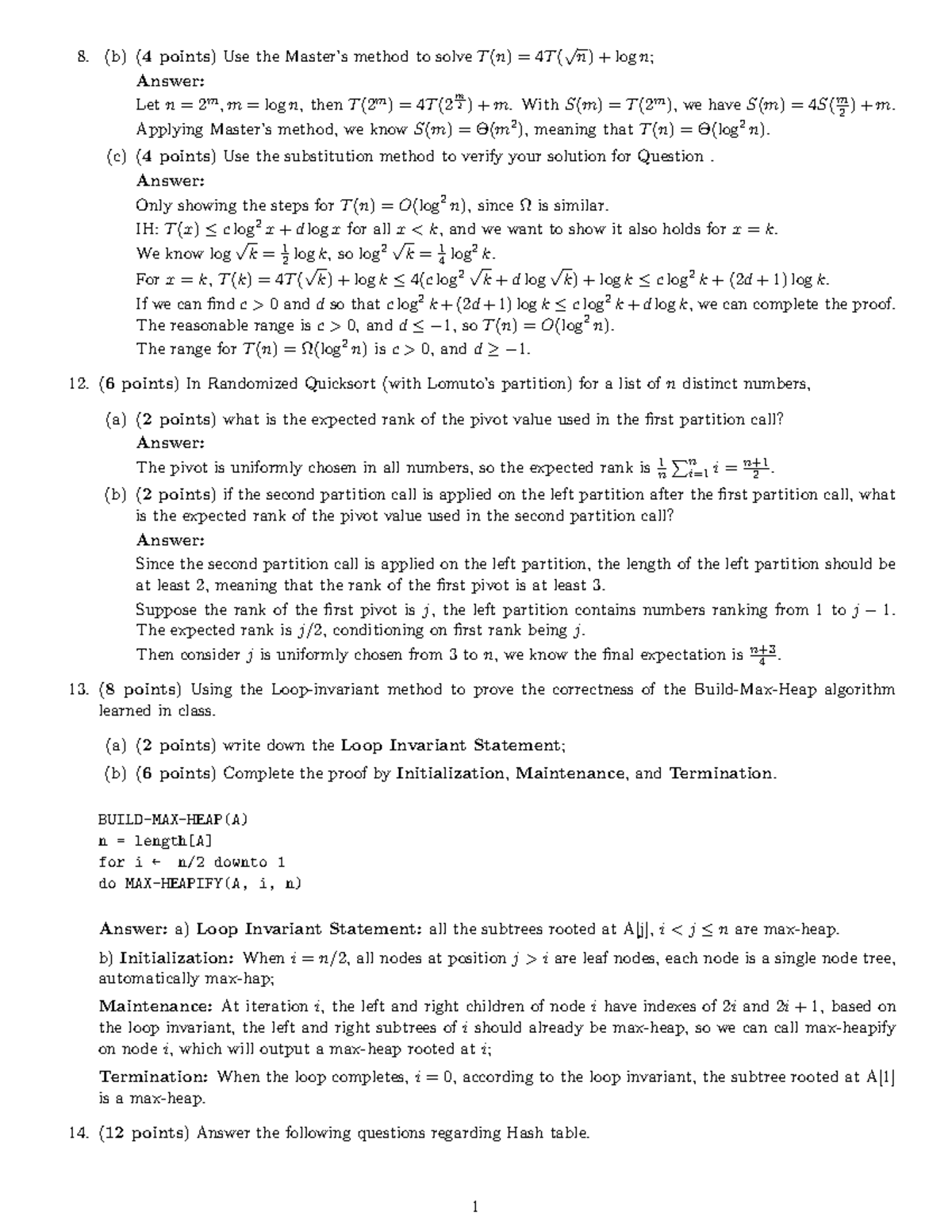 Midterm solutions - (b) (4 points) Use the Master’s method to solve T ...