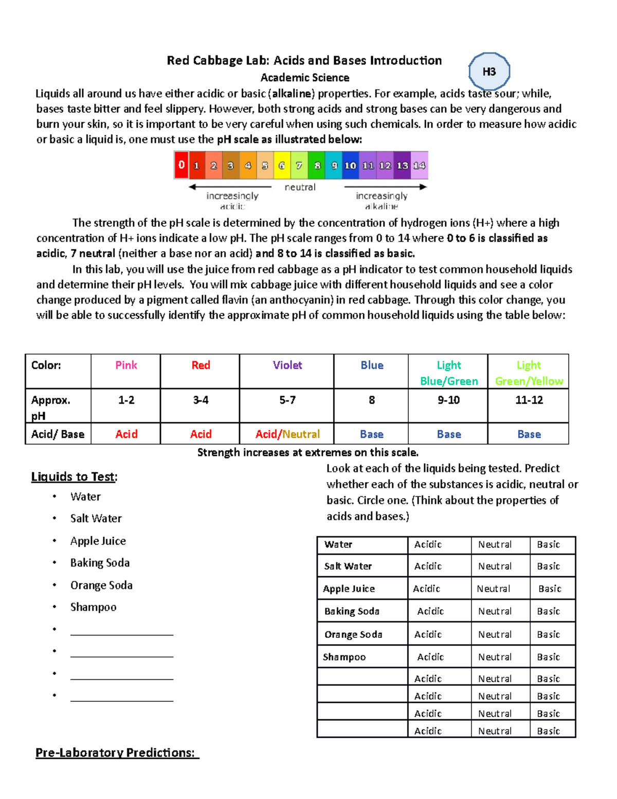 4A p H Cabbage Lab for real Red Cabbage Lab Acids and Bases Introduction Academic Science