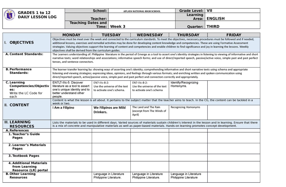 DLL 3rd Qrtr week 3 - Lesson plan - GRADES 1 to 12 DAILY LESSON LOG ...