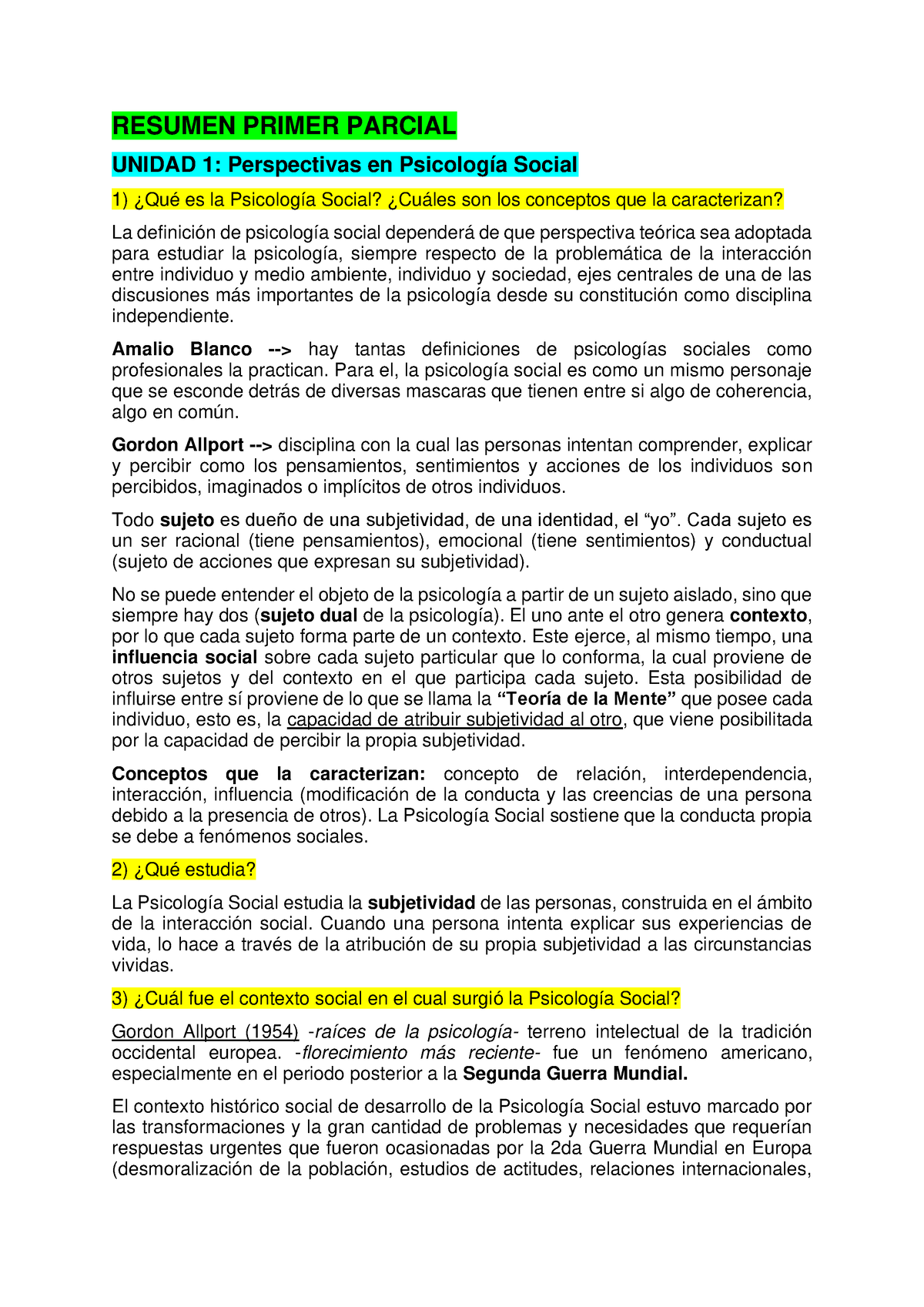 Resumen Primer Parcial Psico Social - RESUMEN PRIMER PARCIAL UNIDAD 1 ...