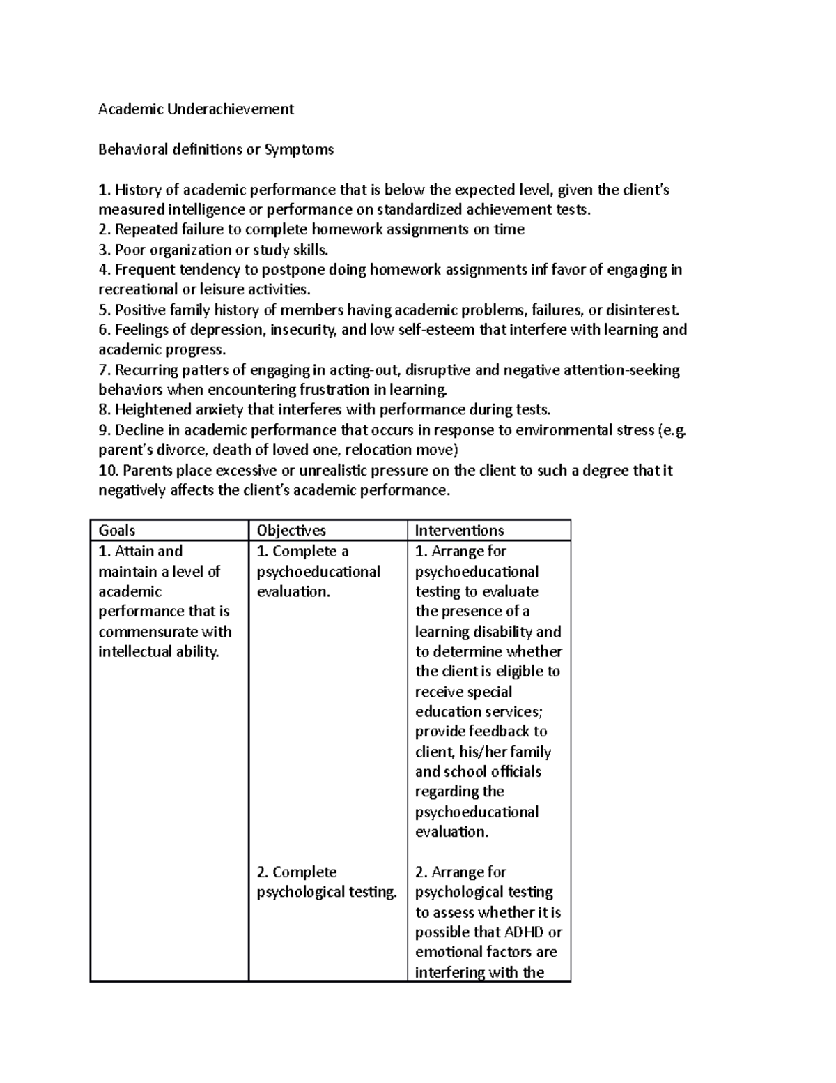 Sample Treatment Plan Academic Underachievement Behavioral 