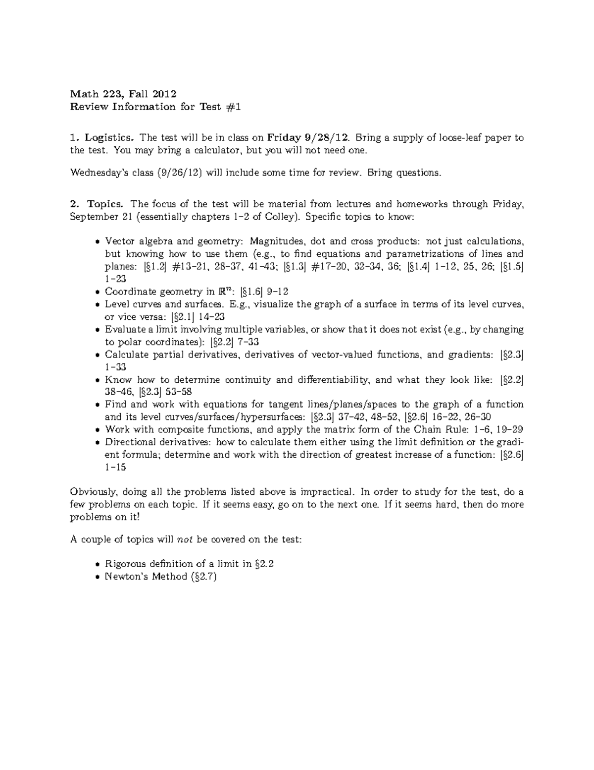 Summary - Review information for test 1 - Math 223, Fall 2012 Review ...