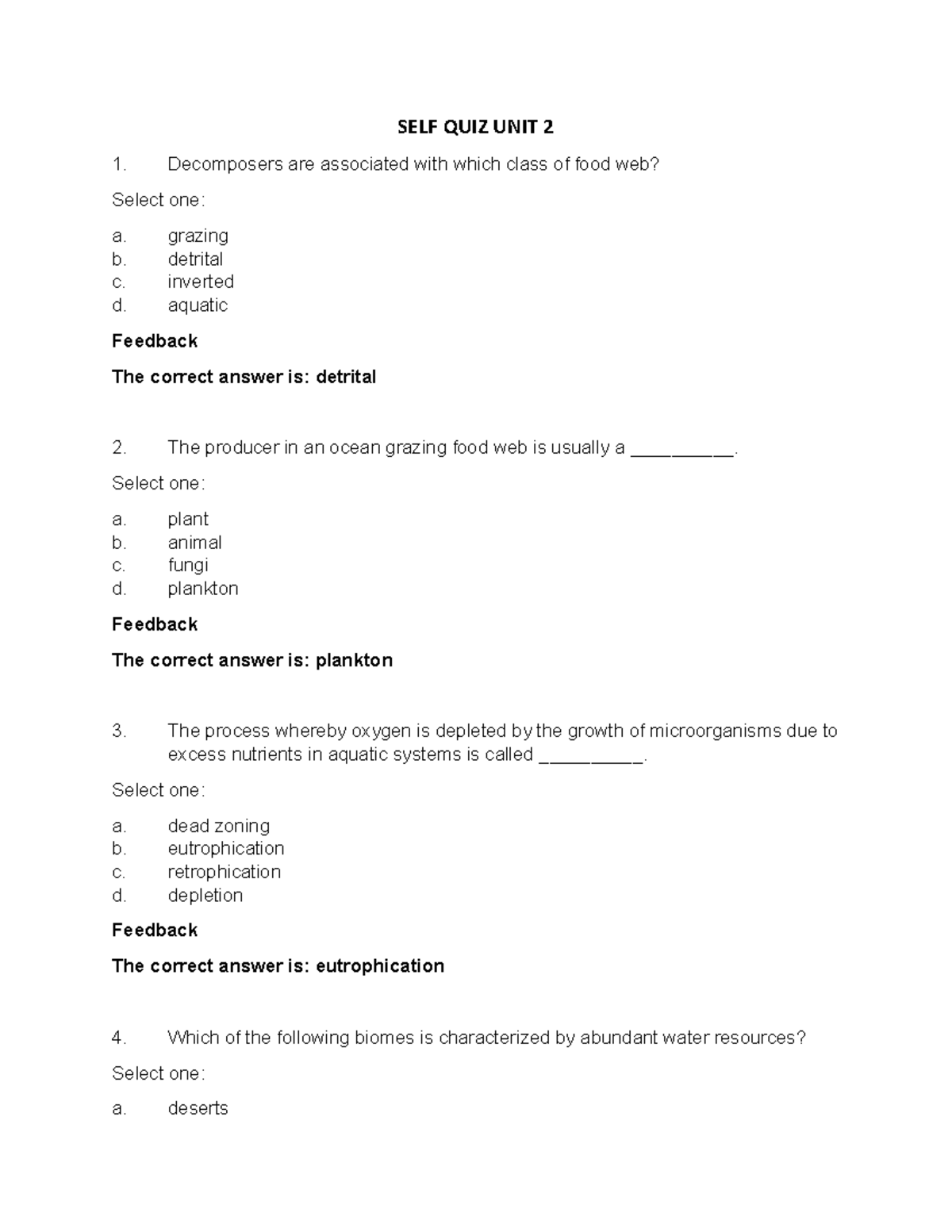 SELF QUIZ UNIT 2 (ENVS 1301) - SELF QUIZ UNIT 2 Decomposers Are ...