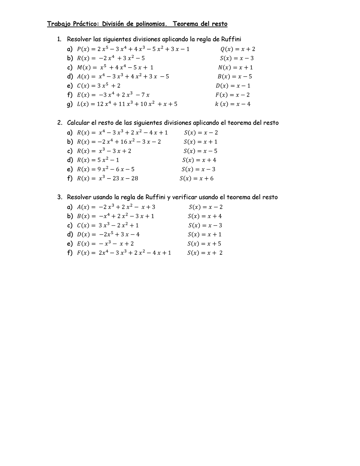 Teorema De Ruffini Teorema Del Resto - Trabajo Pr·ctico: DivisiÛn De ...