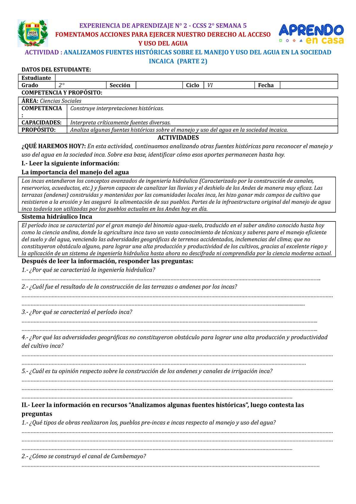CCSS 2° Actividad SEM. 5 - EXPERIENCIA DE APRENDIZAJE N° 2 - CCSS 2 ...