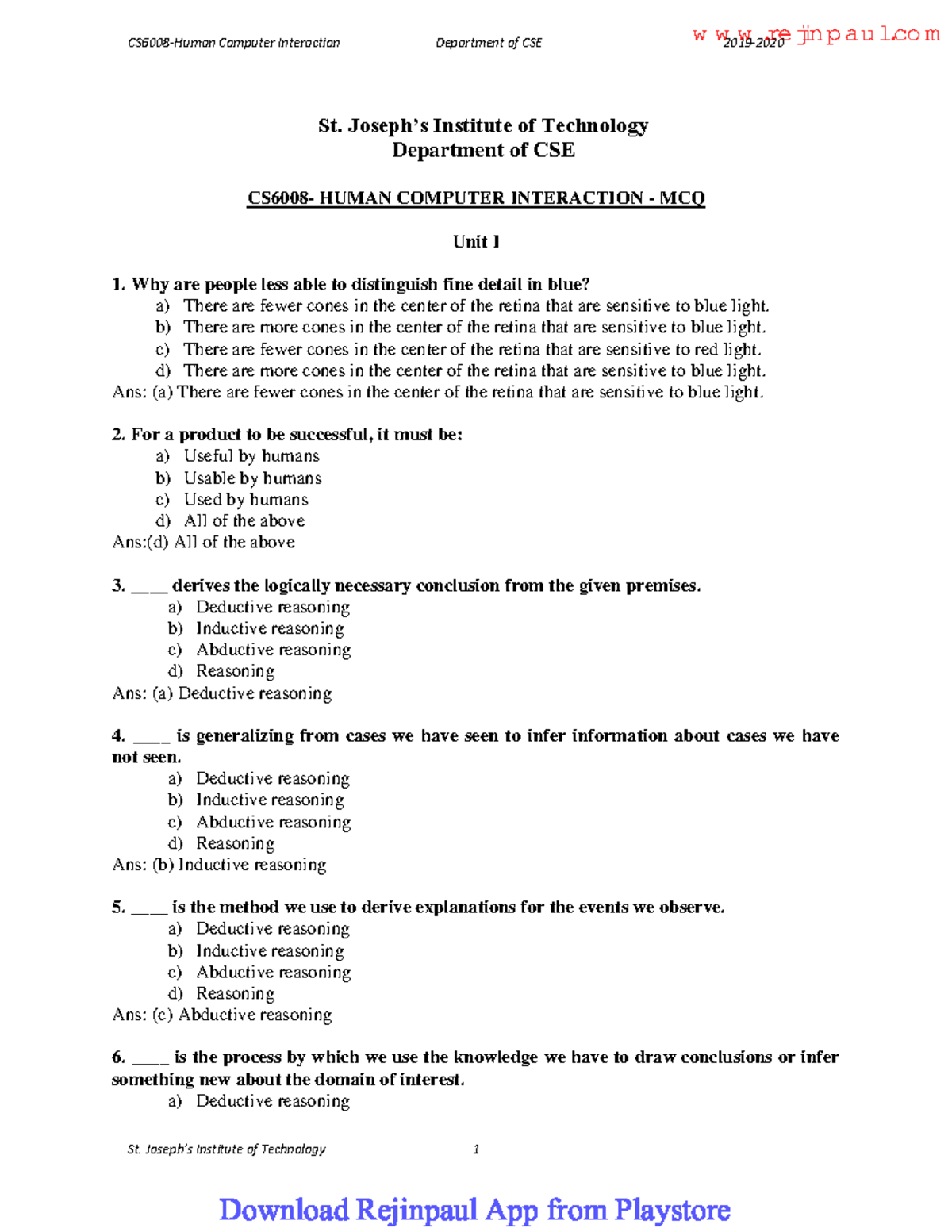 Hci Mcq Cs6008 Human Computer Interaction Department Of Cse 2019 St Joseph S Institute Of Hci Mcq Cs6008 Human Computer Interaction Department Of Cse 2019 St Joseph S Institute Of