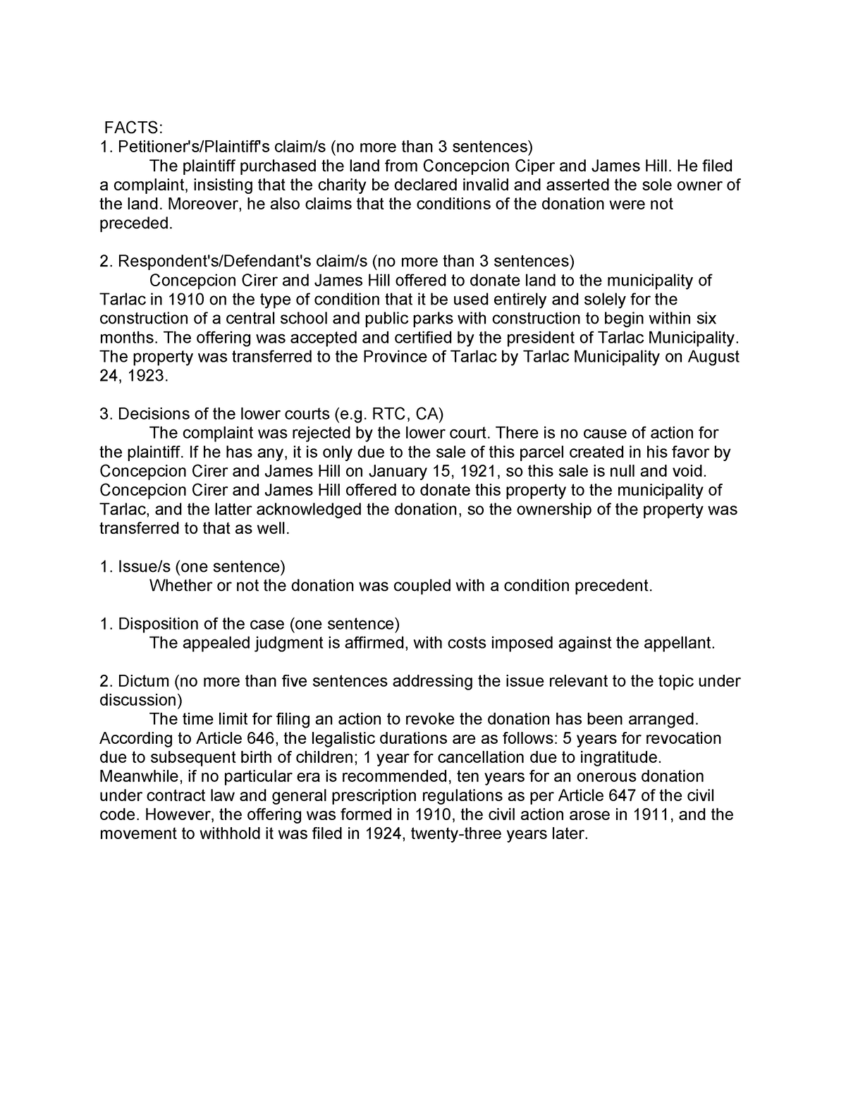 Case 3 - case study - FACTS: 1. Petitioner's/Plaintiff's claim/s (no ...