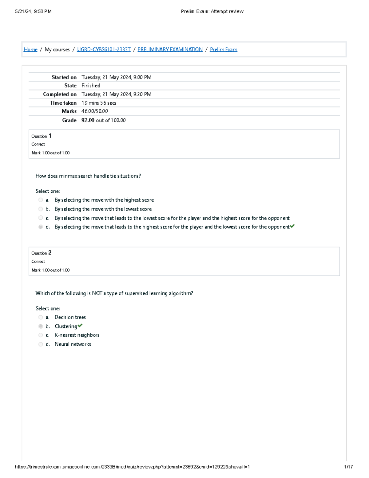 CYB6101 Prelim Exam 92 score - Home / My courses / UGRD-CYBS6101-2333T ...