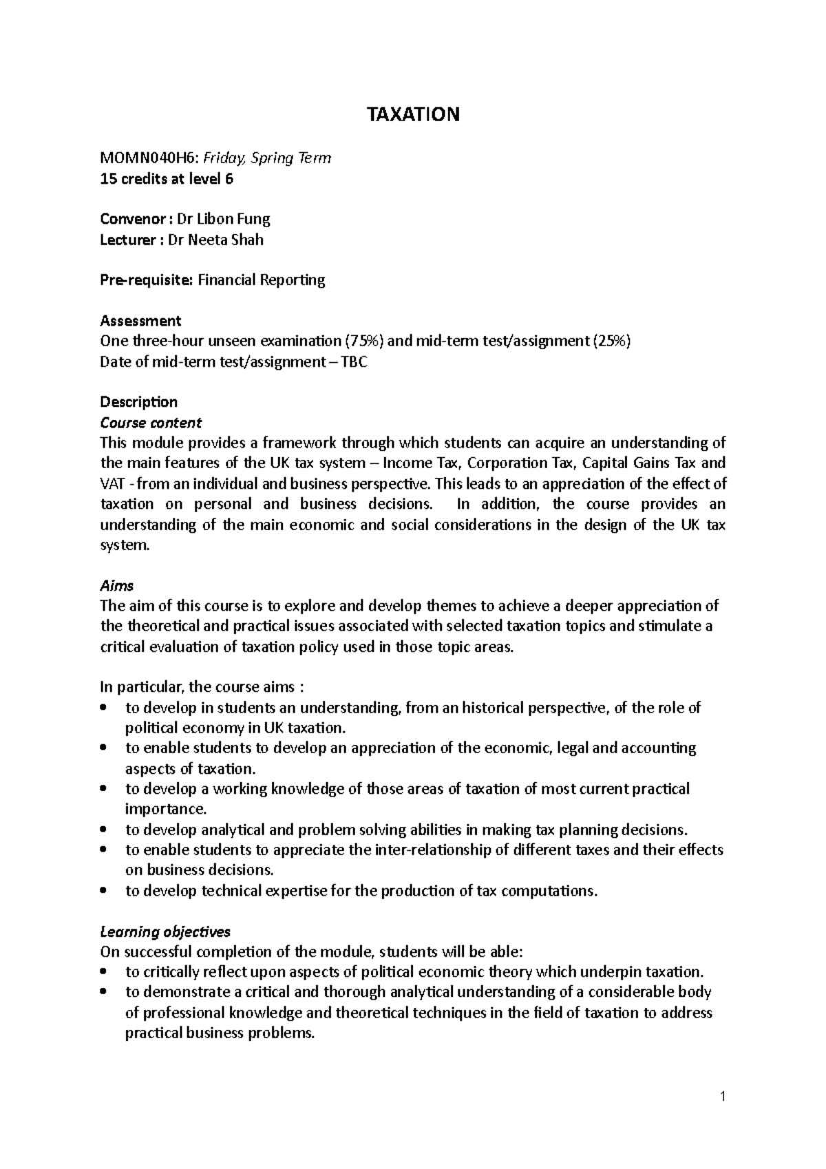 Taxation Module Outline Spring Term - TAXATION MOMN040H6: Friday ...
