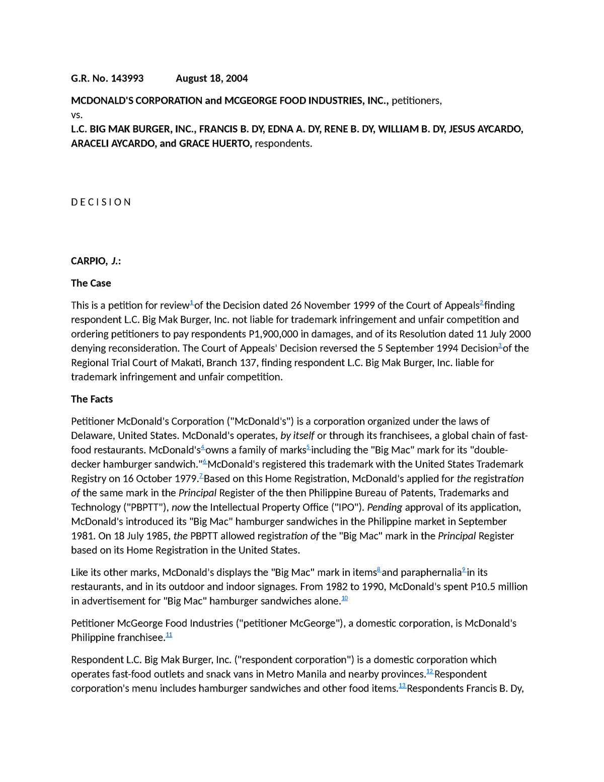 G.R. No. 143993 Big Mak Vs Mc Donalds - G. No. 143993 August 18, 2004 ...