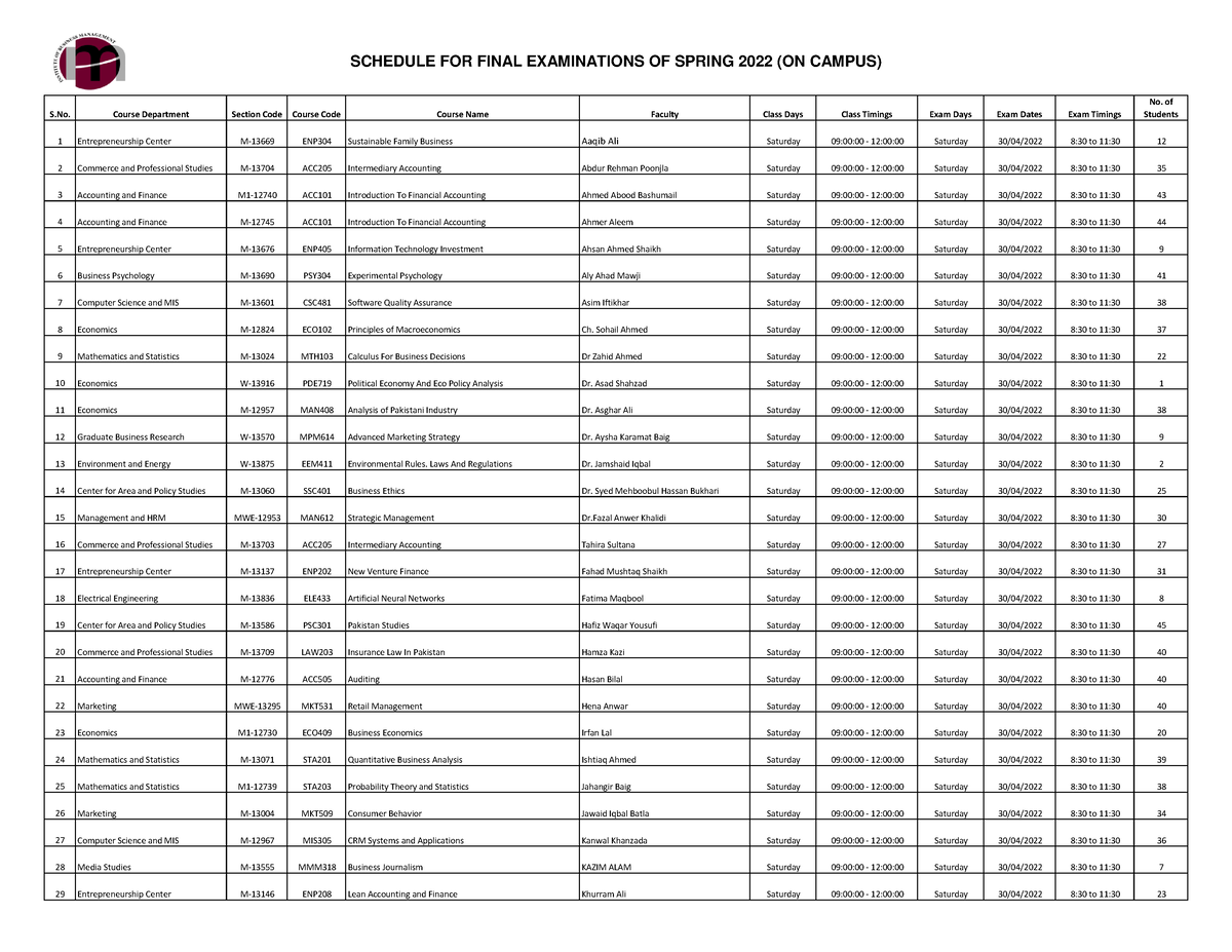 Final Exam Schedule Spring 2022 Weekdays and Weekend S. Course