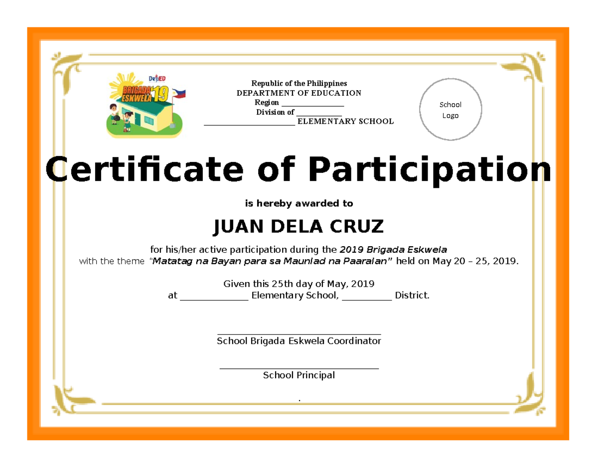 2019 Brigada Eskwela Sample Certificate - Republic of the Philippines ...