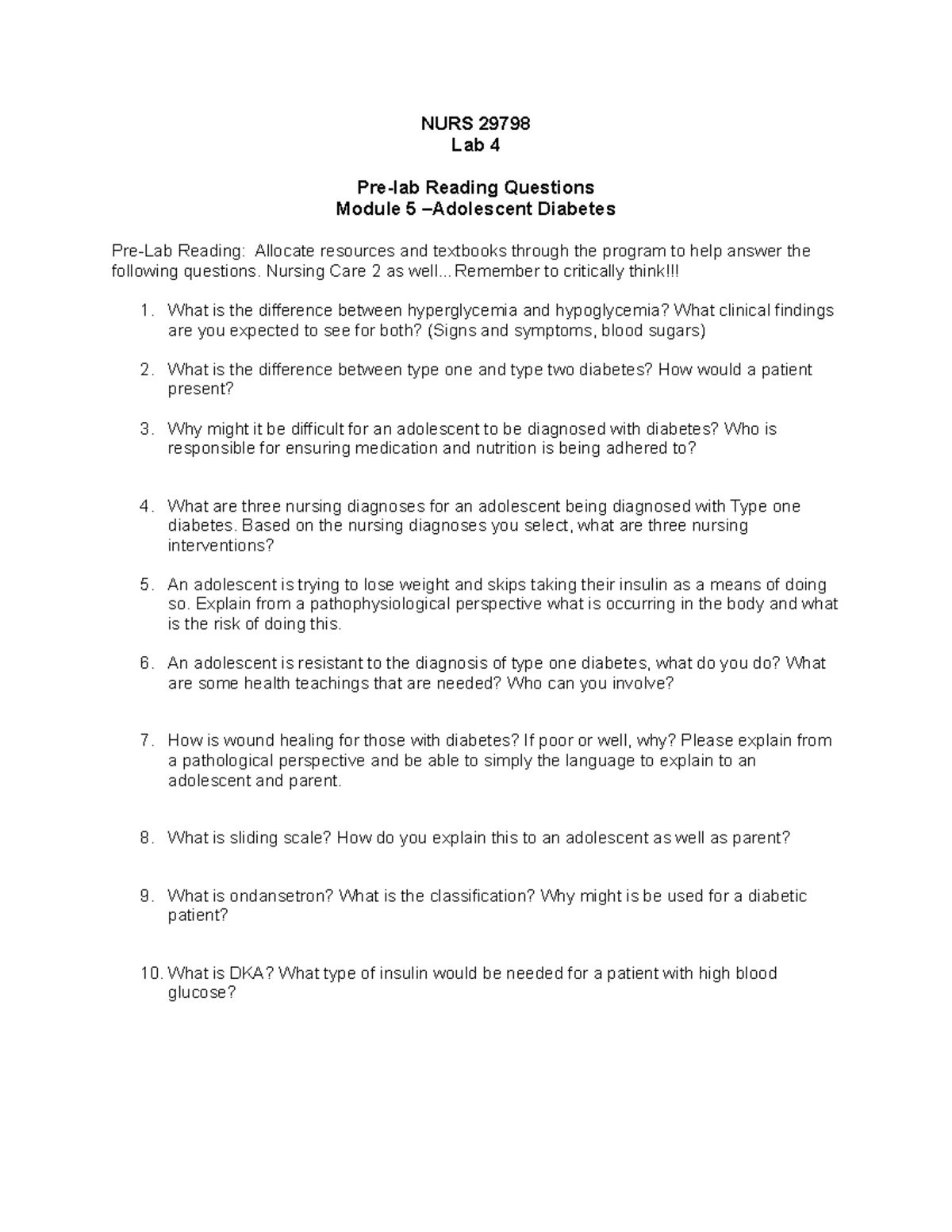 Module 5 Adolescent Diabetes Prelab readings NURS 29798 Lab 4 Pre