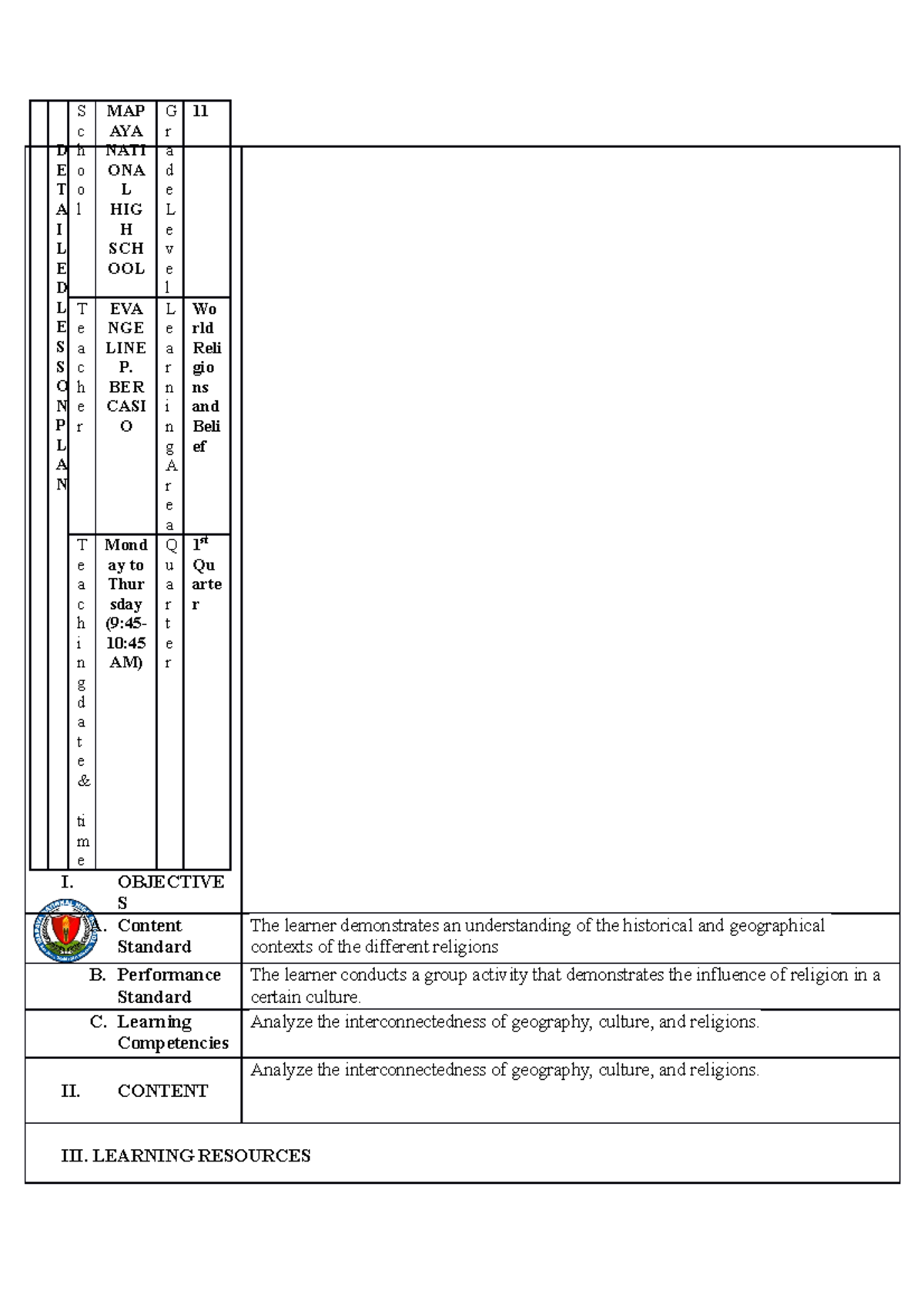 Eva Dlp Dll I OBJECTIVE S A Content Standard The Learner