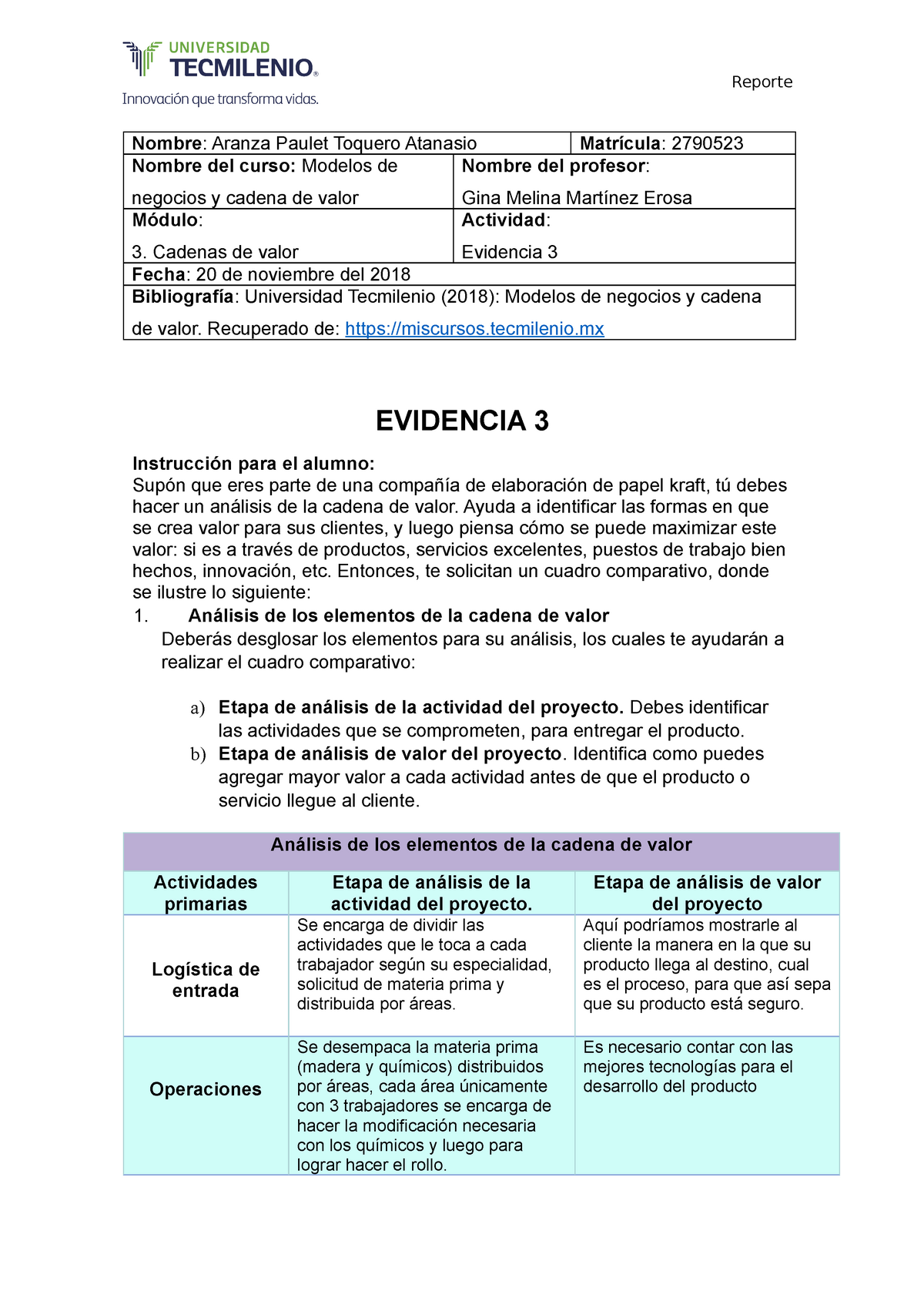 Evidencia 3 Modelos de negocios y cadena de valor - Reporte Nombre: Aranza  Paulet Toquero Atanasio - Studocu