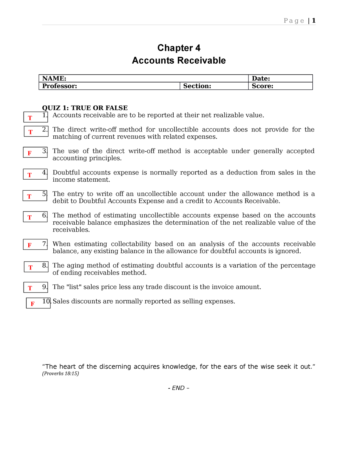 Accounts Receivable - P A G E | 1 Chapter 4 Accounts Receivable NAME ...