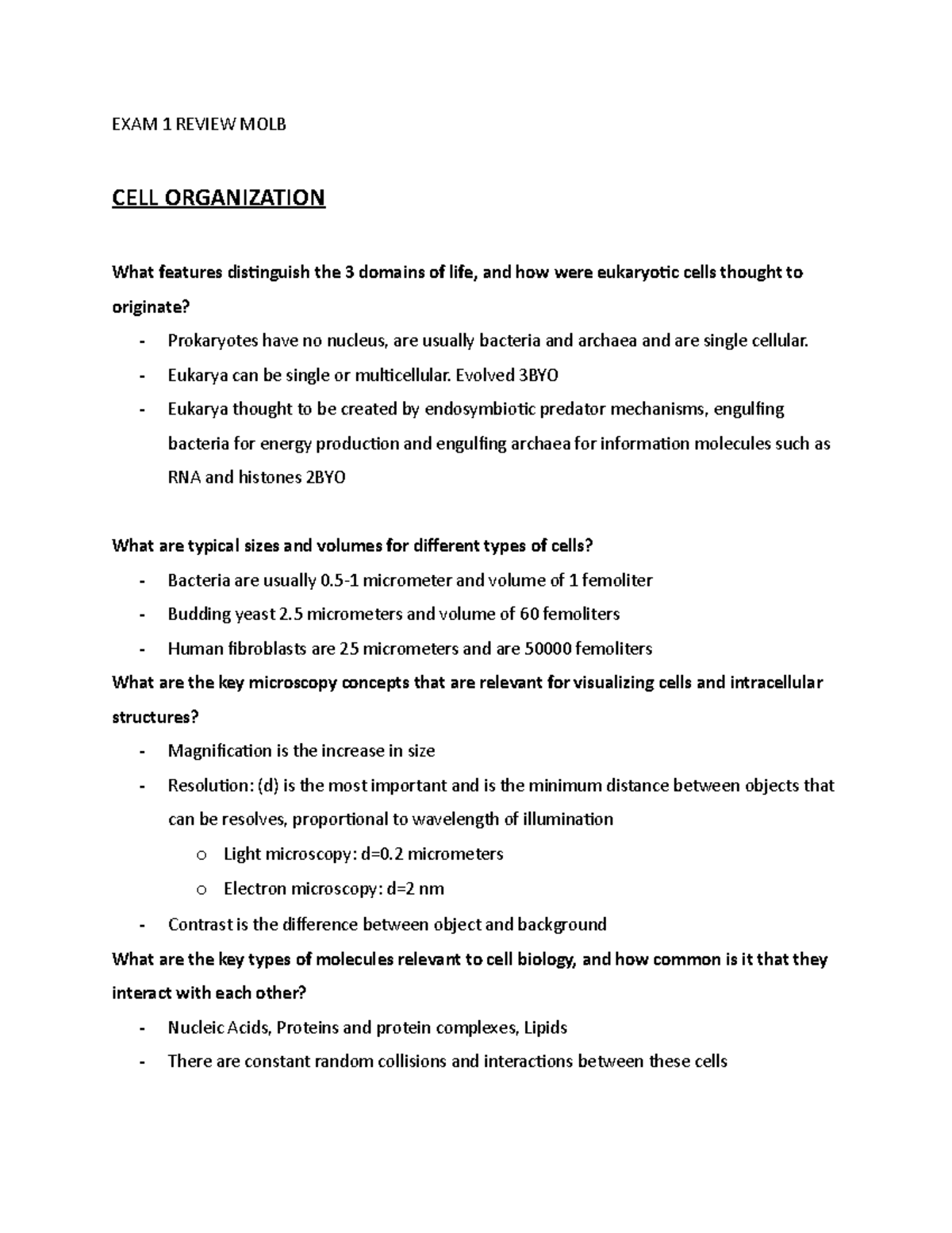 EXAM 1 Review MOLB - Study guide for exam 1 - EXAM 1 REVIEW MOLB CELL ...