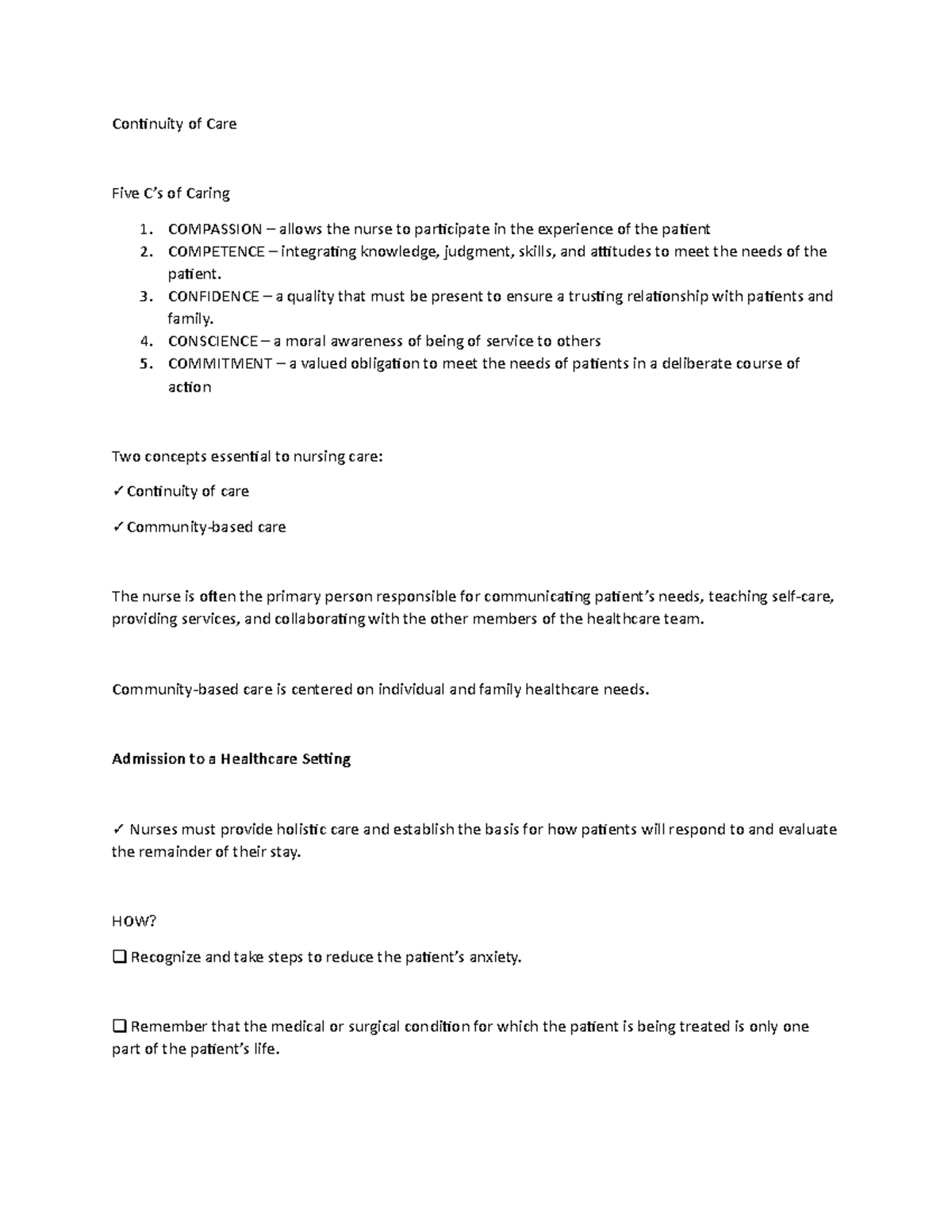 Continuity of Care FUNDAMENTALS OF NURSING Continuity of Care Five