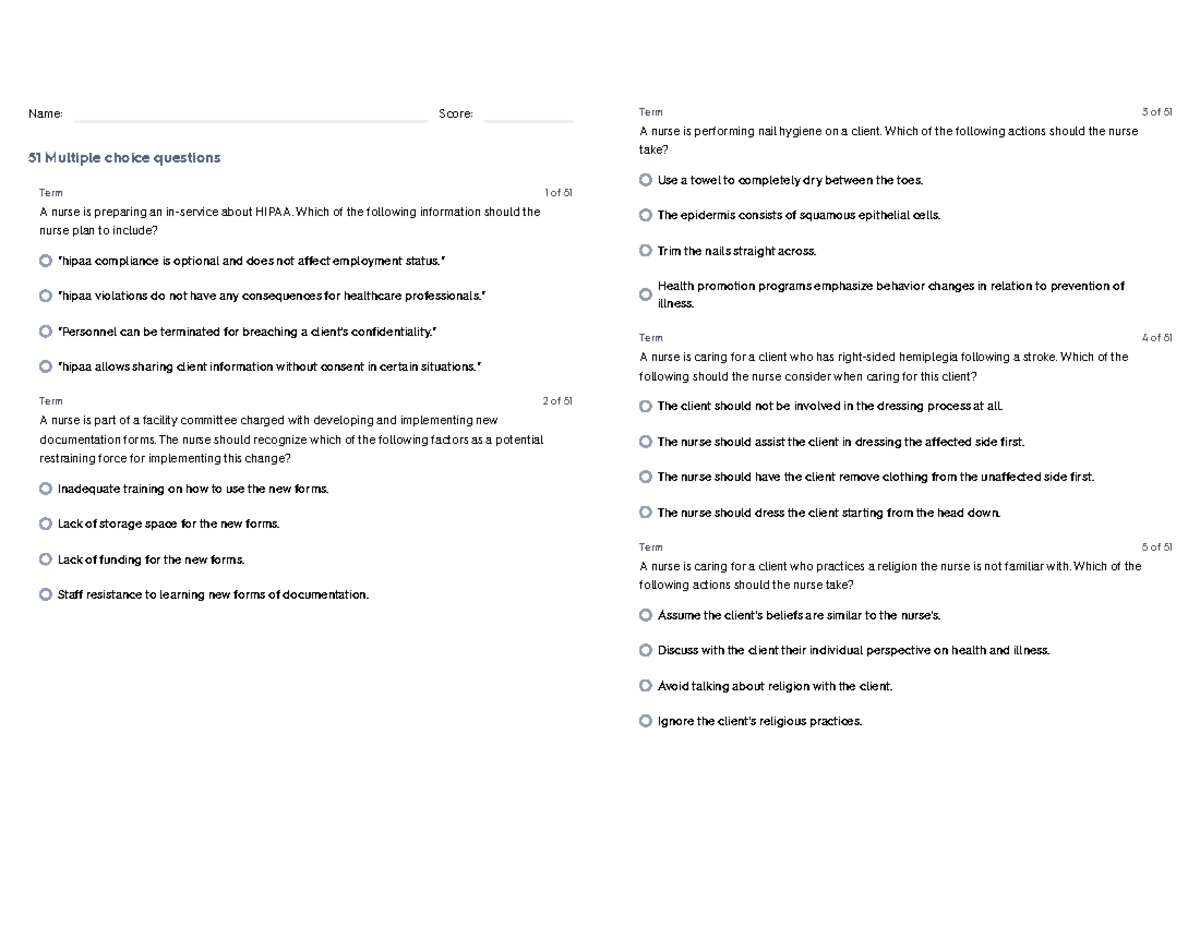 Hygiene & Documentation VOCN100 - Name: Score: 51 Multiple choice ...