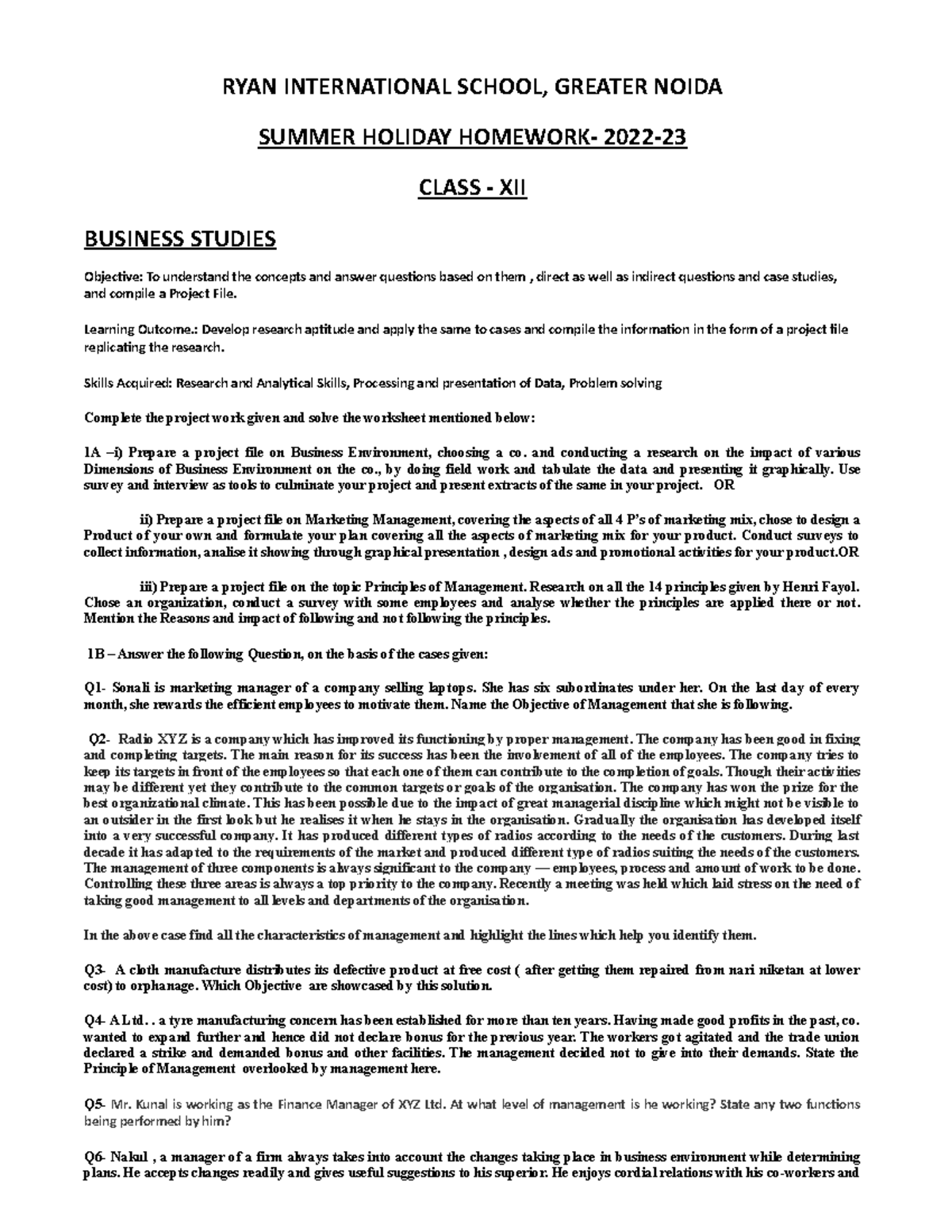 Class 12 th holiday hw - .knn,'; - RYAN INTERNATIONAL SCHOOL, GREATER ...