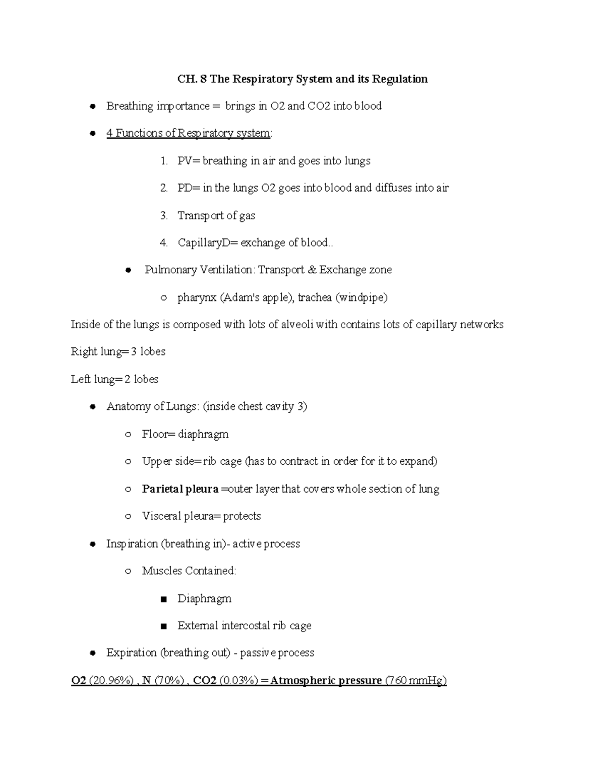 KINE 3800 CH. 8 - Summary of Respiratory System - CH. 8 The Respiratory ...
