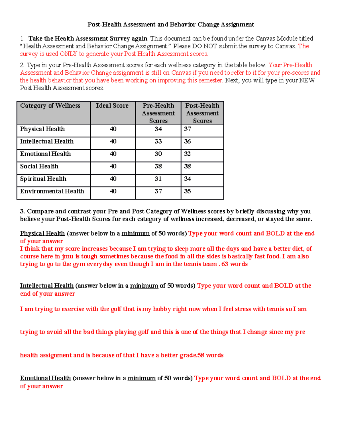 HTH100 post health assigment - Post-Health Assessment and Behavior ...