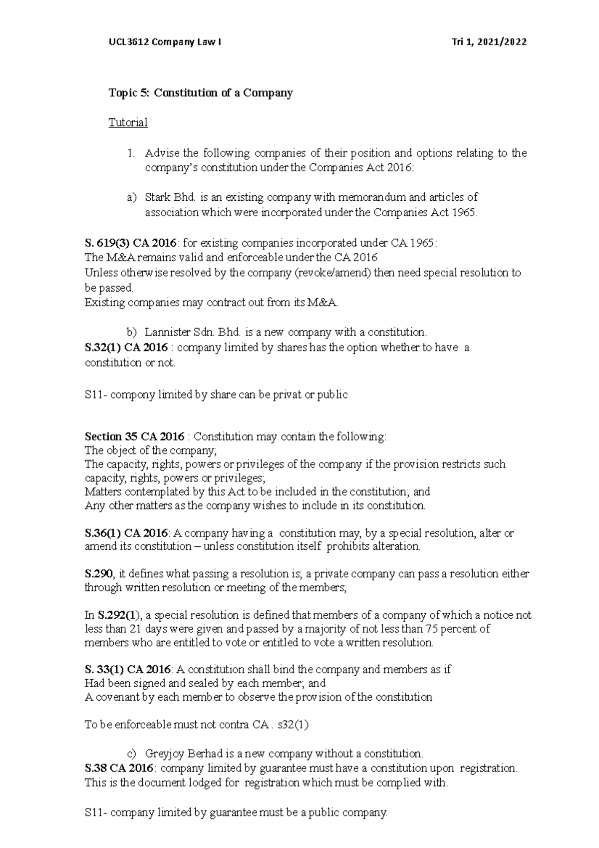 Tutorial 5 - Constitution of a Company - UCL3612 Company Law I Tri 1 ...