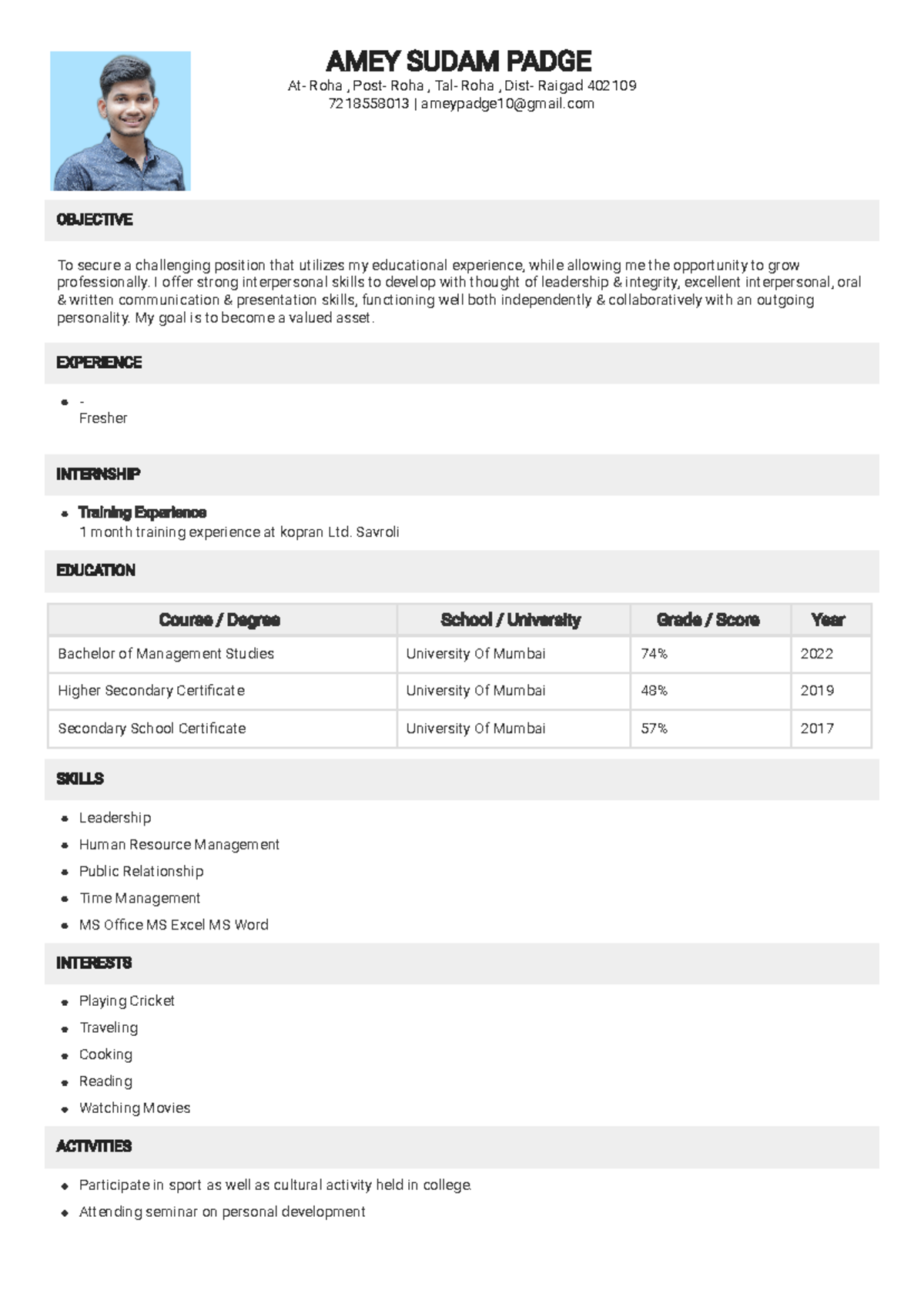 CV 2022112101213861 - Assignment - AMEY SUDAM PADGE At- Roha , Post ...